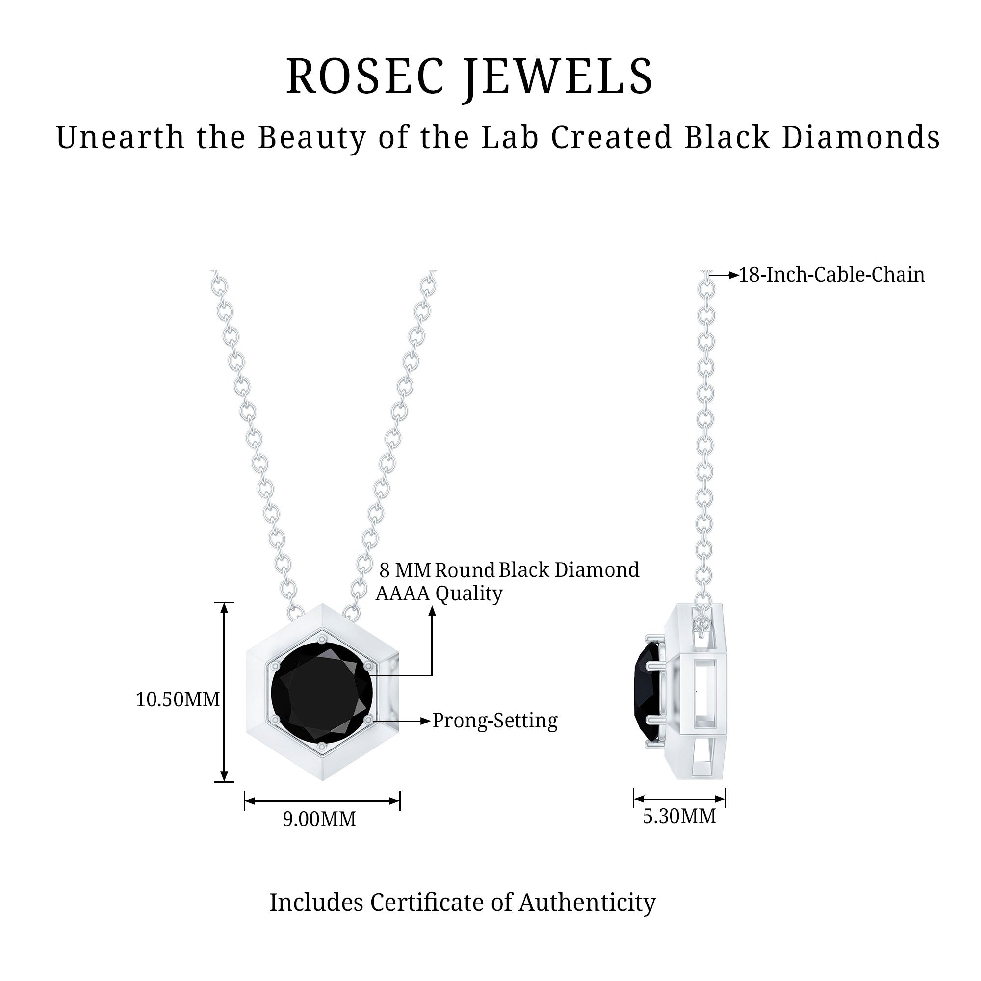 Lab Grown Black Diamond Hexagon Pendant Necklace AAAA ( Synthetic ) - Rosec Jewels