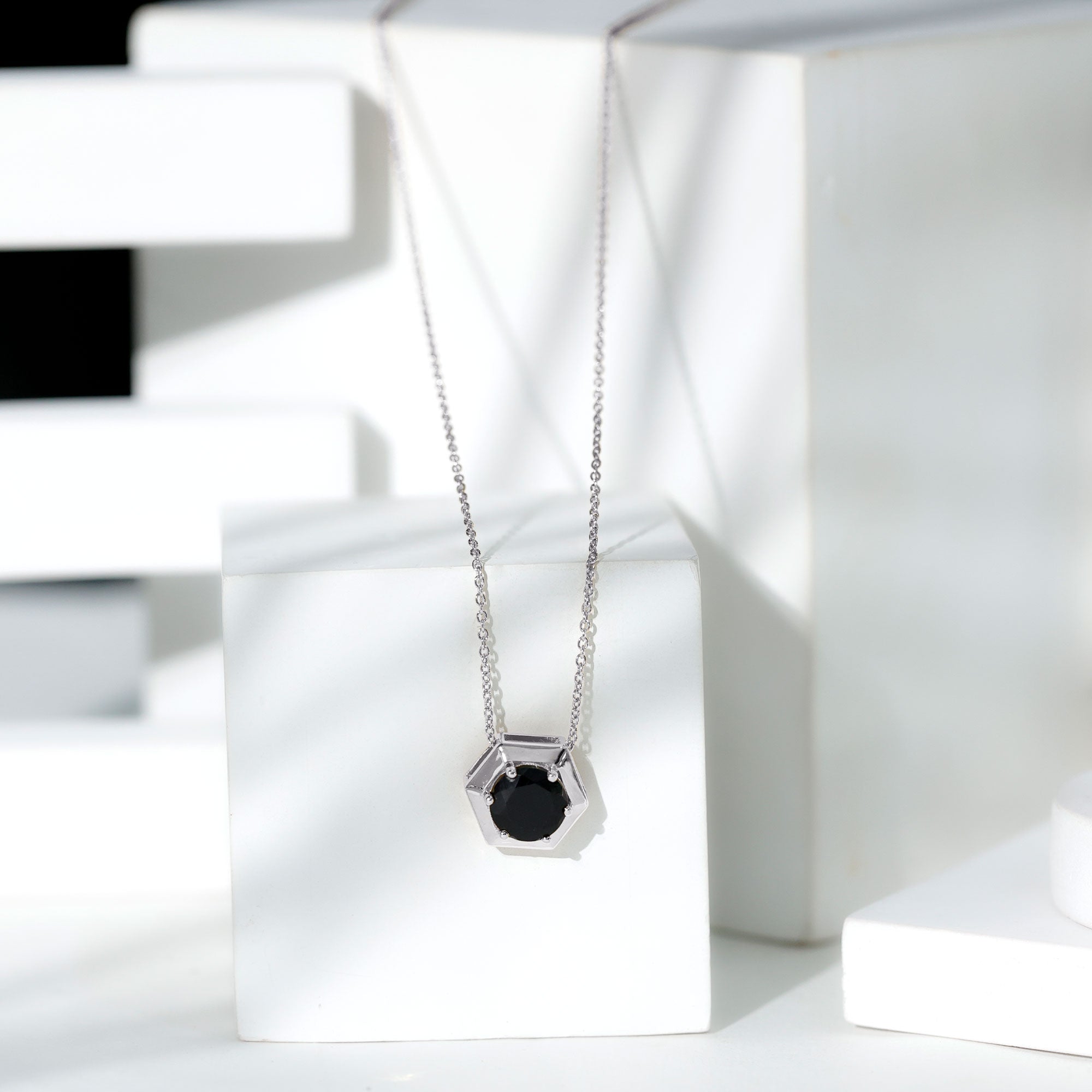 Lab Grown Black Diamond Hexagon Pendant Necklace AAAA ( Synthetic ) - Rosec Jewels