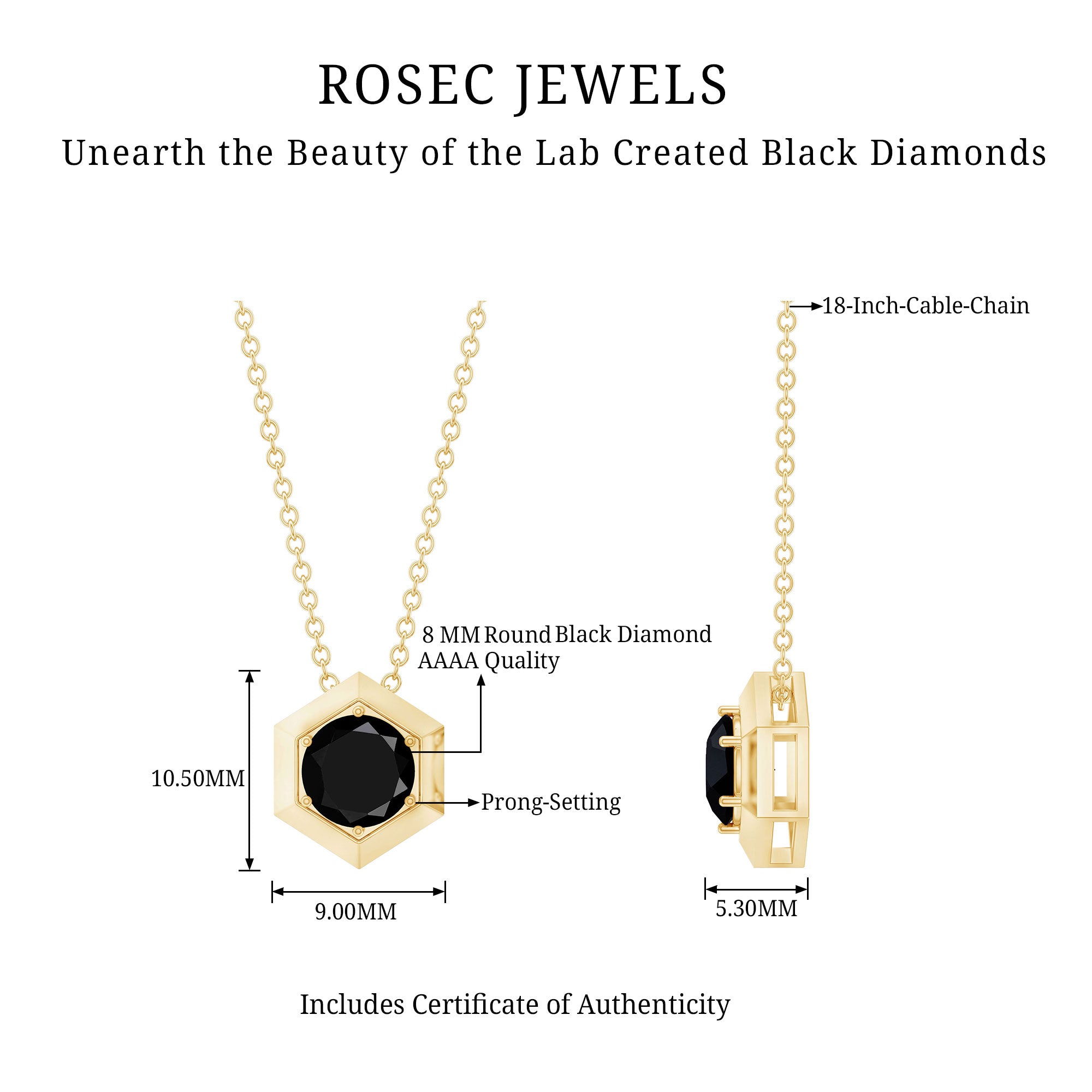 Lab Grown Black Diamond Hexagon Pendant Necklace AAAA ( Synthetic ) - Rosec Jewels