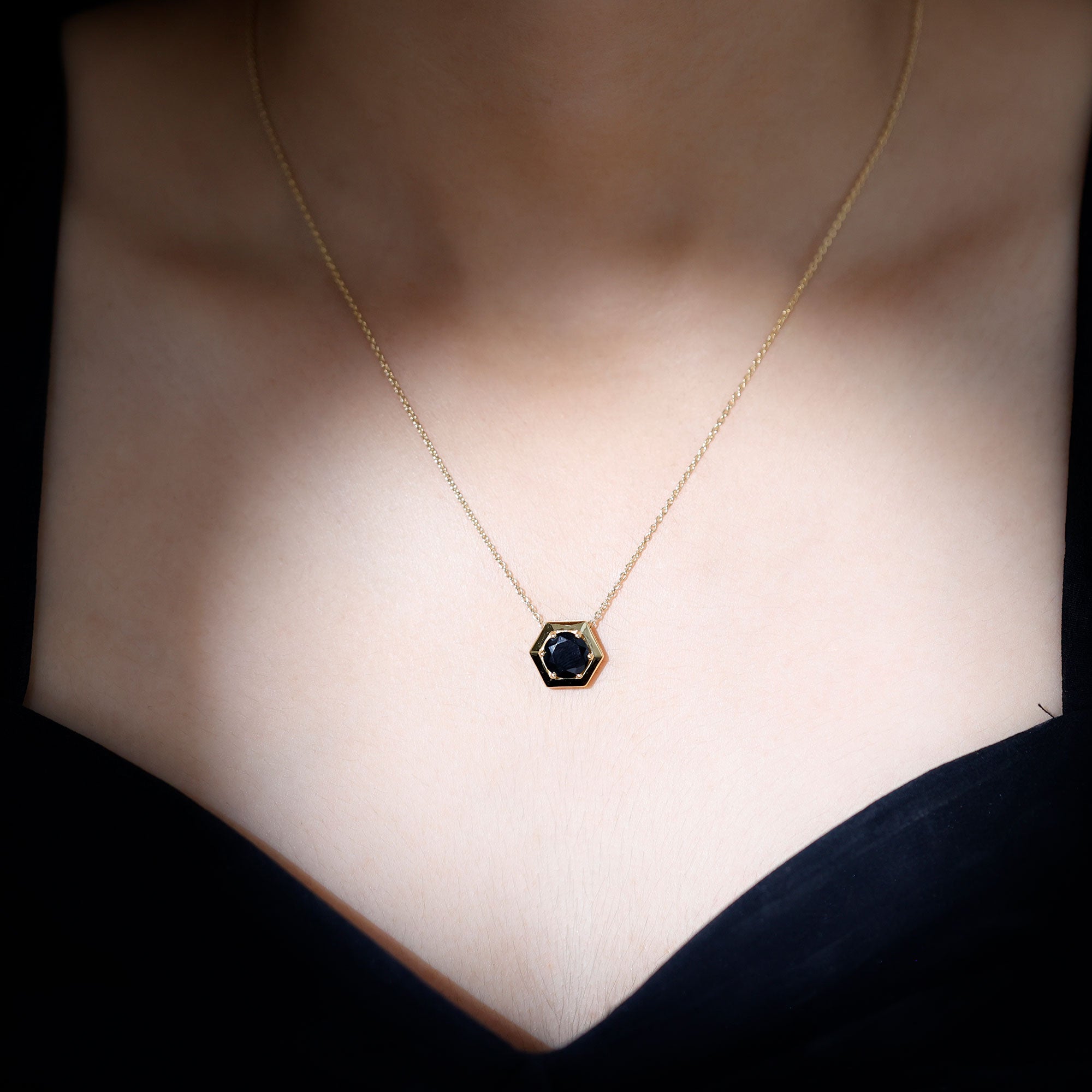Lab Grown Black Diamond Hexagon Pendant Necklace AAAA ( Synthetic ) - Rosec Jewels