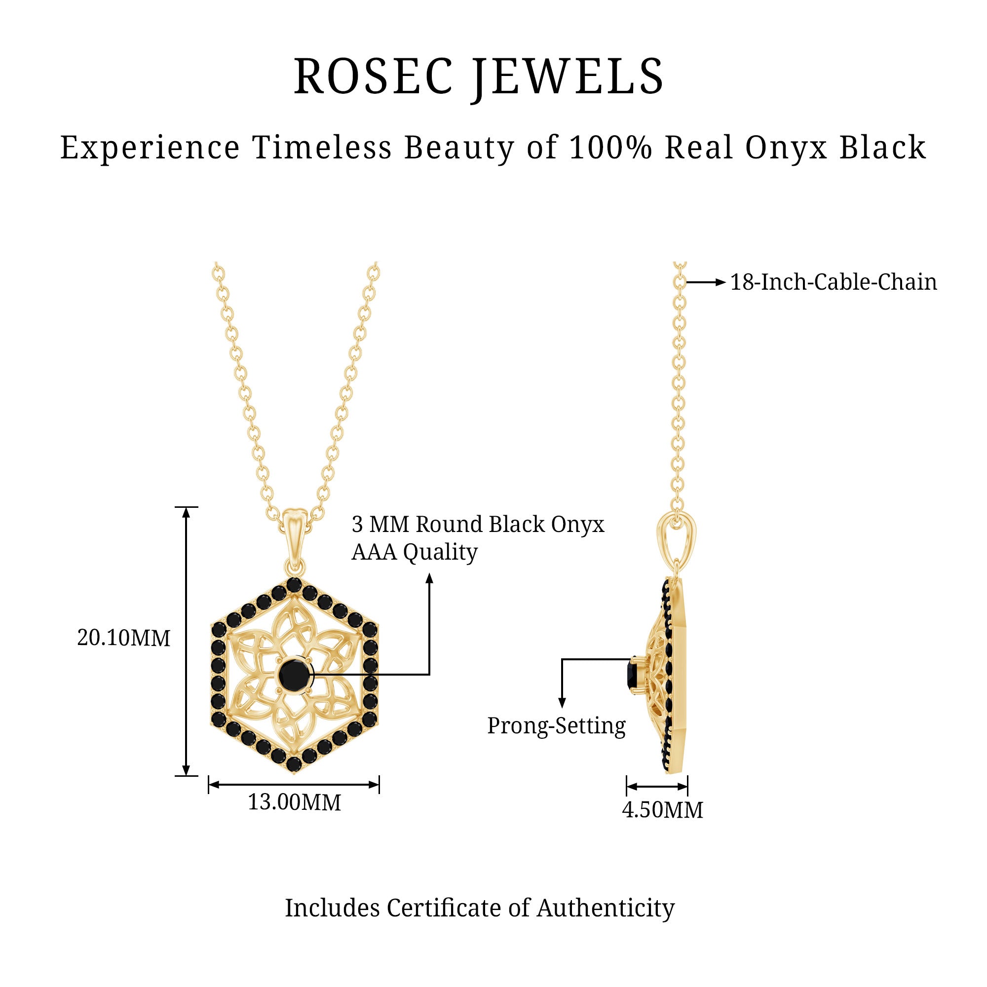 Certified Genuine Black Onyx Flower Necklace for Women AAA - Rosec Jewels