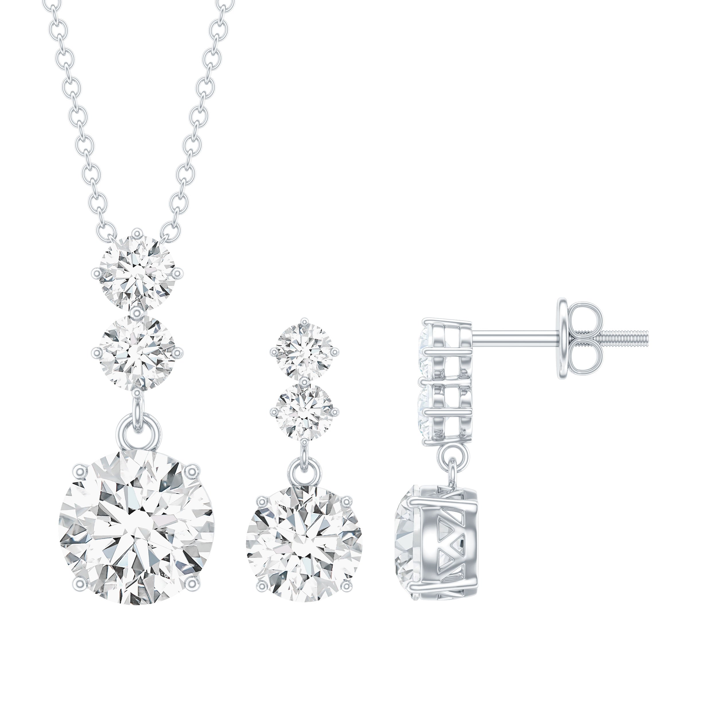 Moissanite 3 Stone Dangle Necklace and Earrings Set D-VS1 - Rosec Jewels