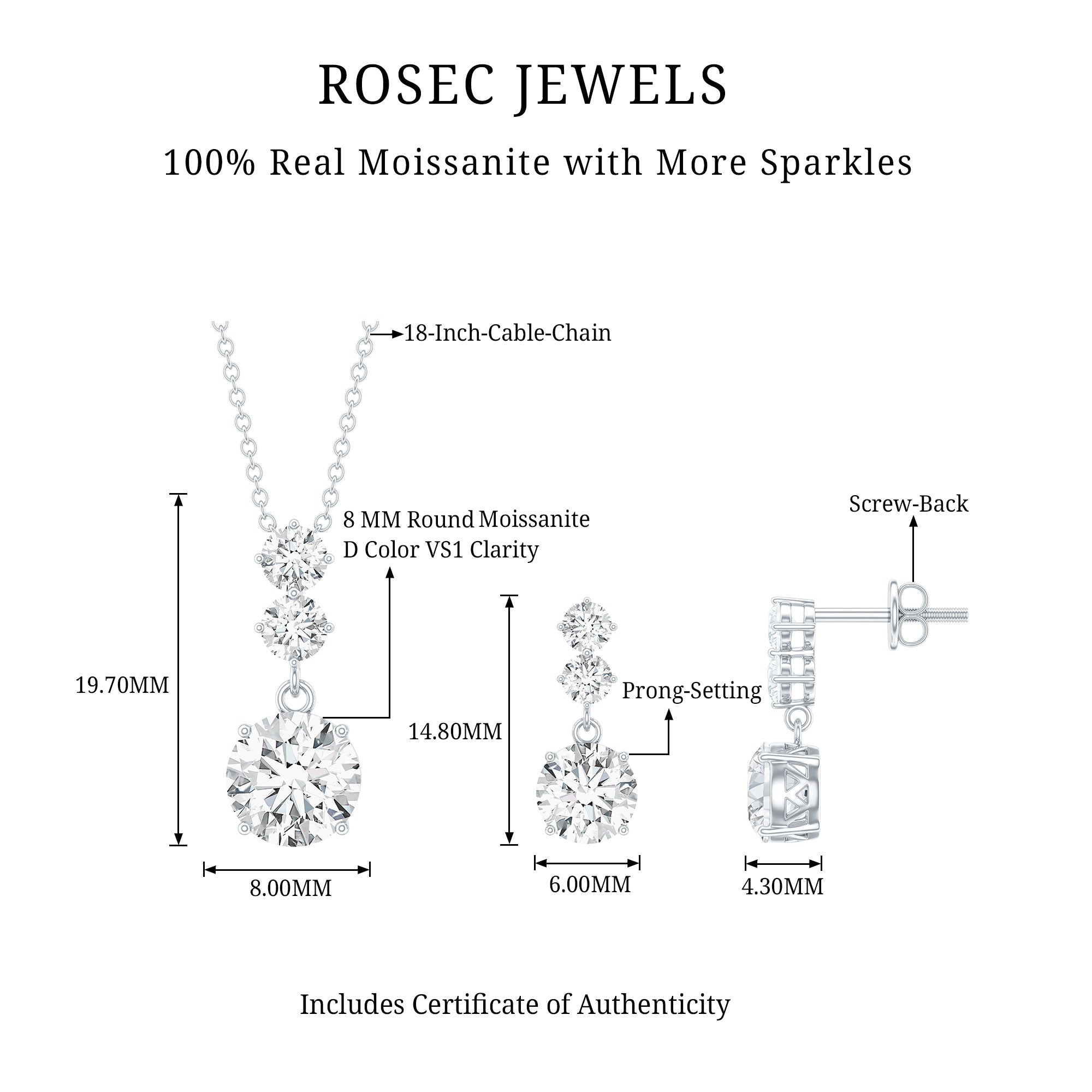 Moissanite 3 Stone Dangle Necklace and Earrings Set D-VS1 - Rosec Jewels