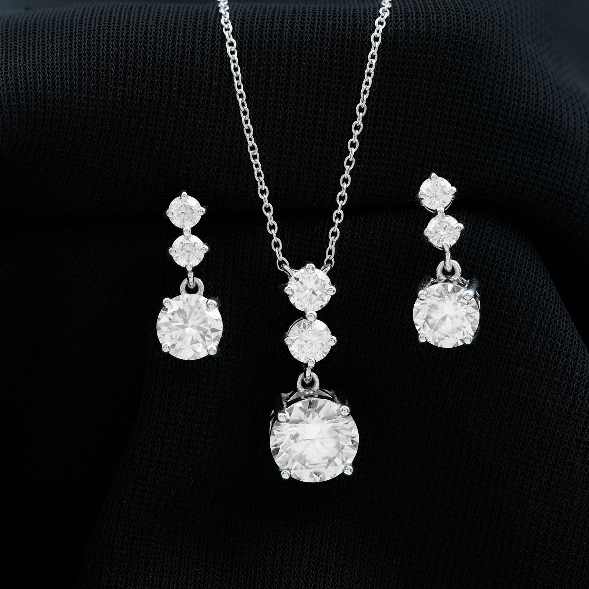 Moissanite 3 Stone Dangle Necklace and Earrings Set D-VS1 - Rosec Jewels