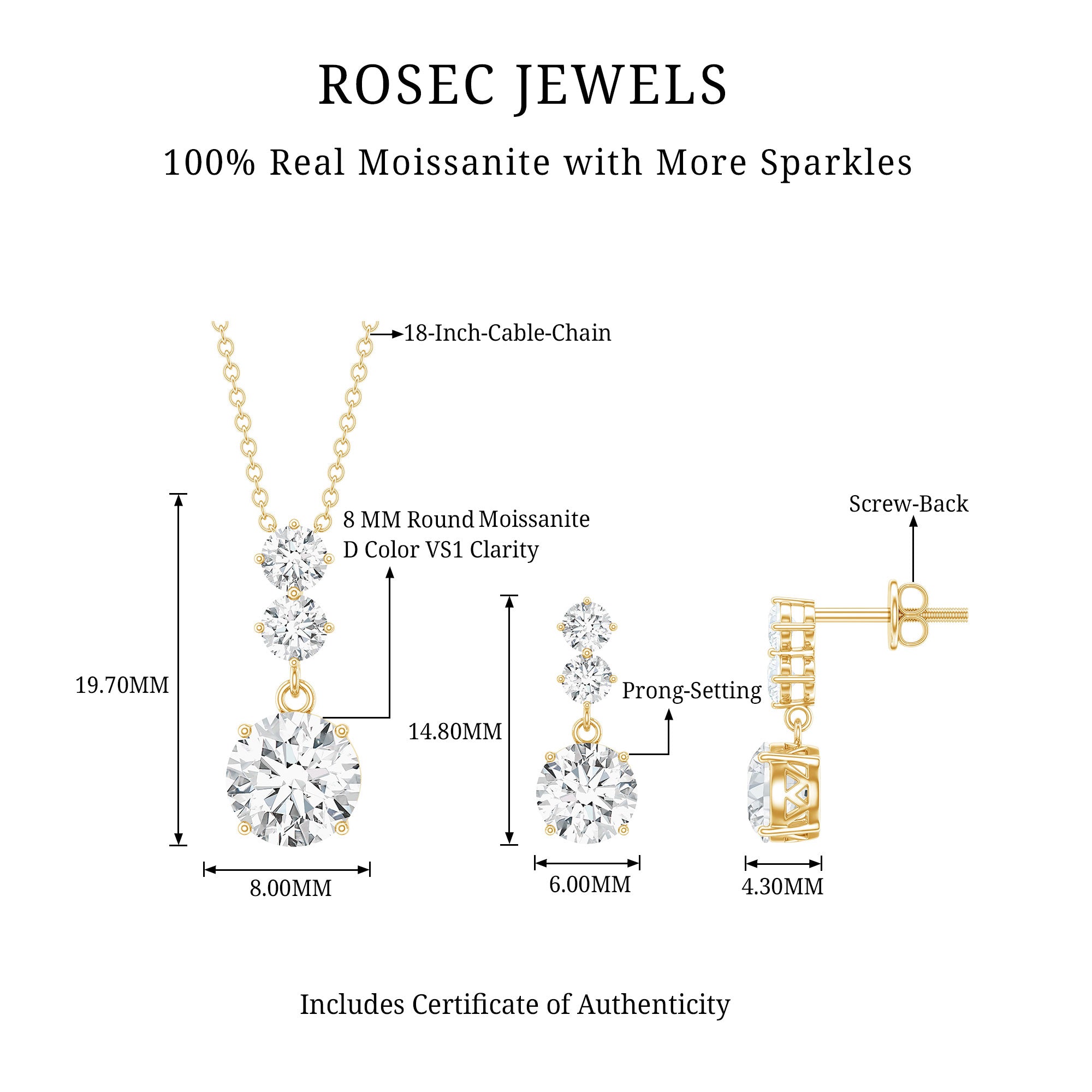 Moissanite 3 Stone Dangle Necklace and Earrings Set D-VS1 - Rosec Jewels