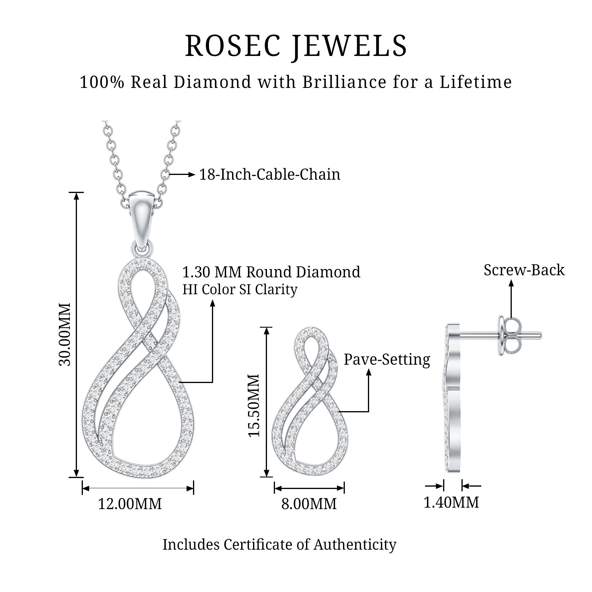 Diamond Infinity Necklace Earrings Set For Women Natural - ( HI-SI ) - Rosec Jewels