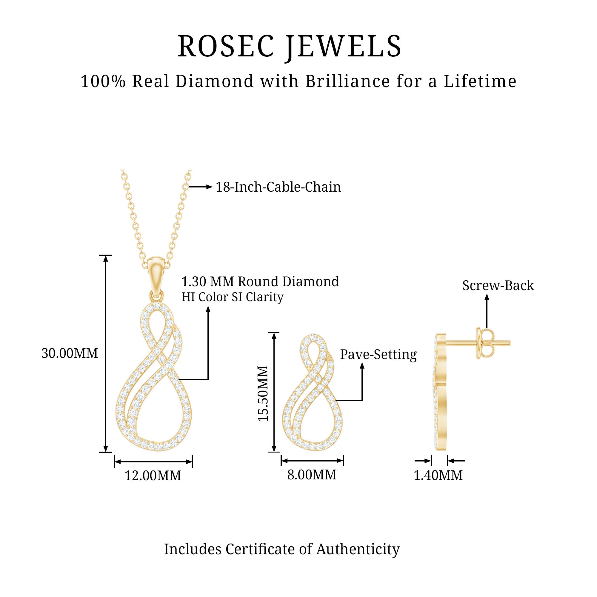 Rosec Jewels-Infinity Earrings and Necklace Set with 3/4 CT Diamond