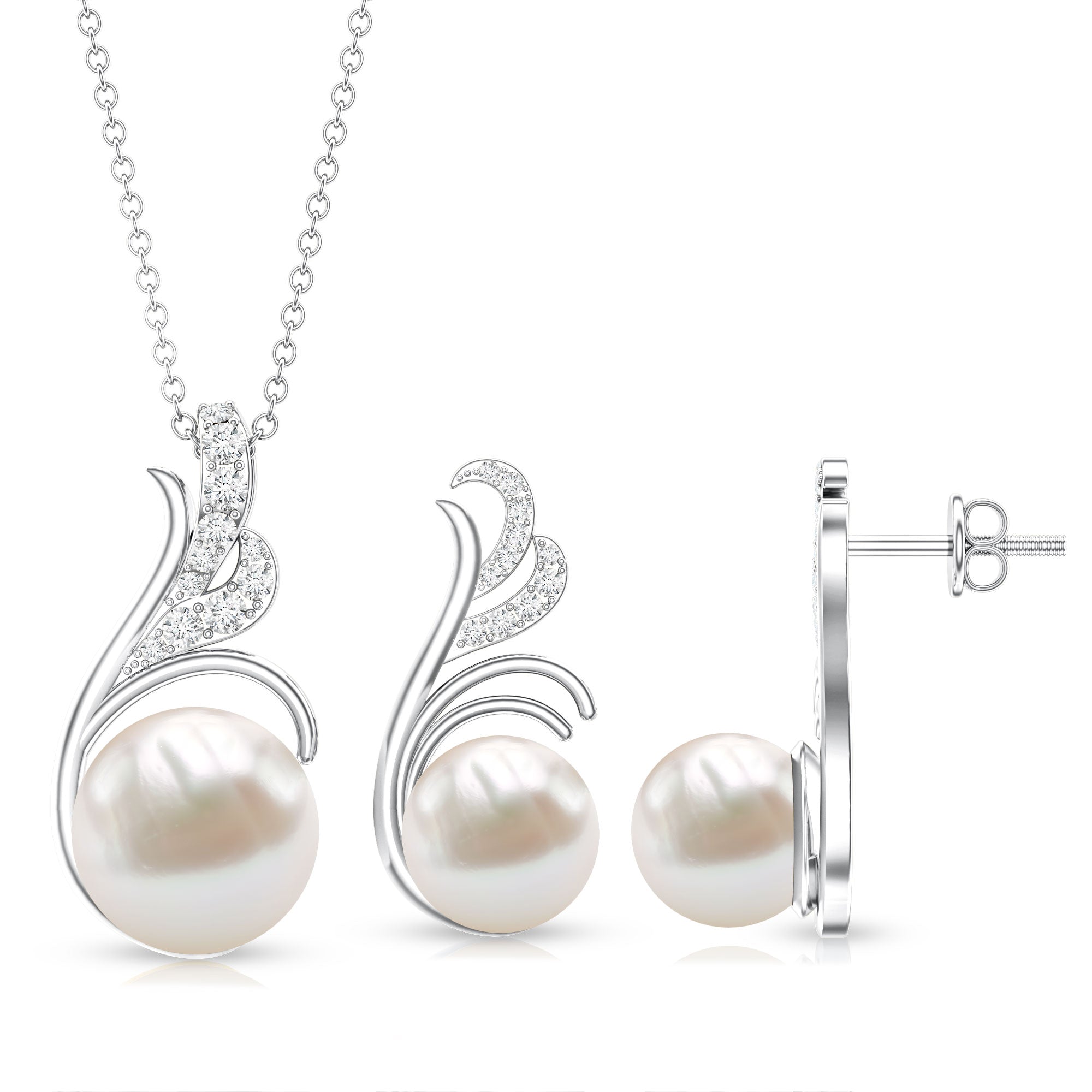 Freshwater Pearl and Diamond Designer Jewelry Set AAA - Rosec Jewels
