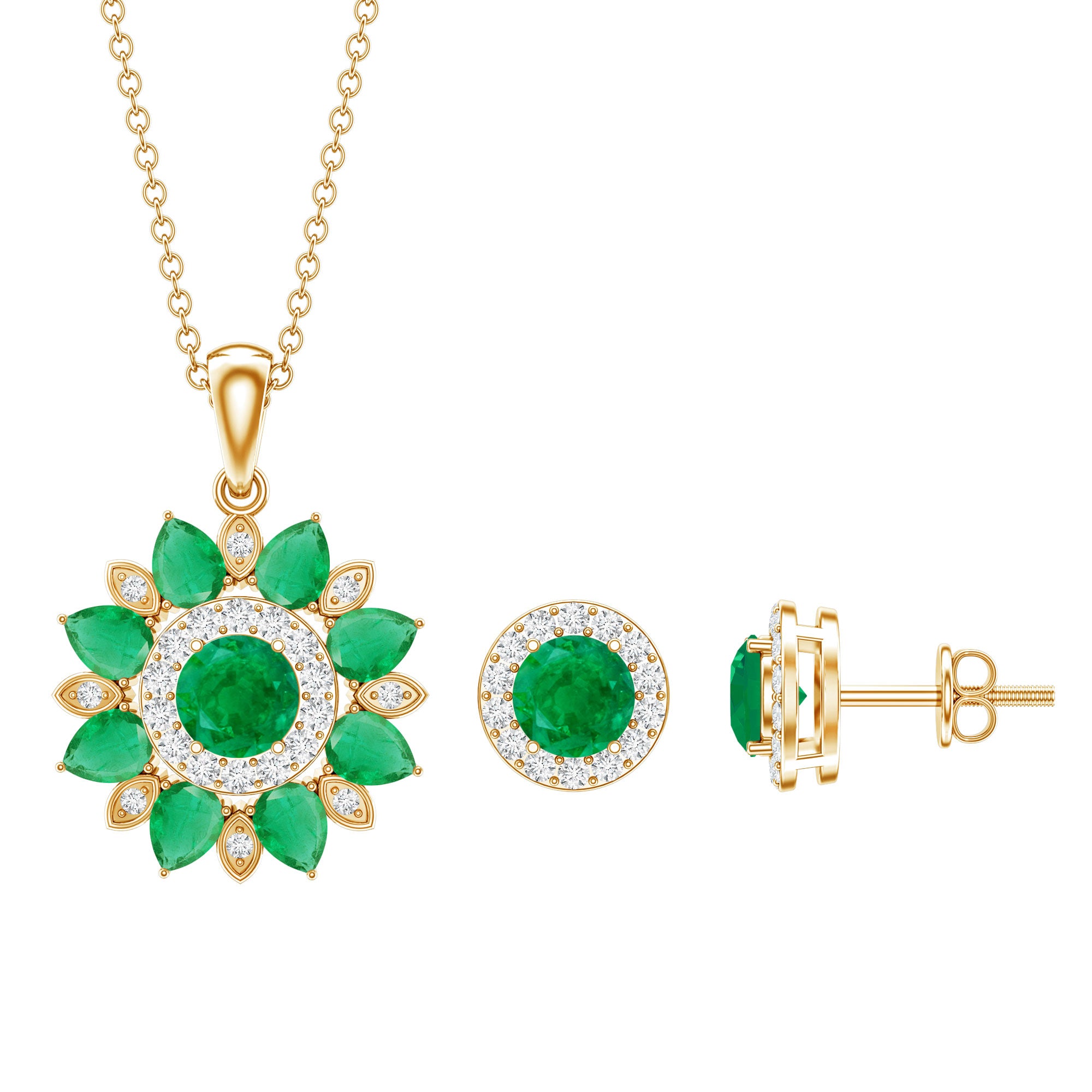 Certified Emerald and Moissanite Flower Jewelry Set AAA - Rosec Jewels