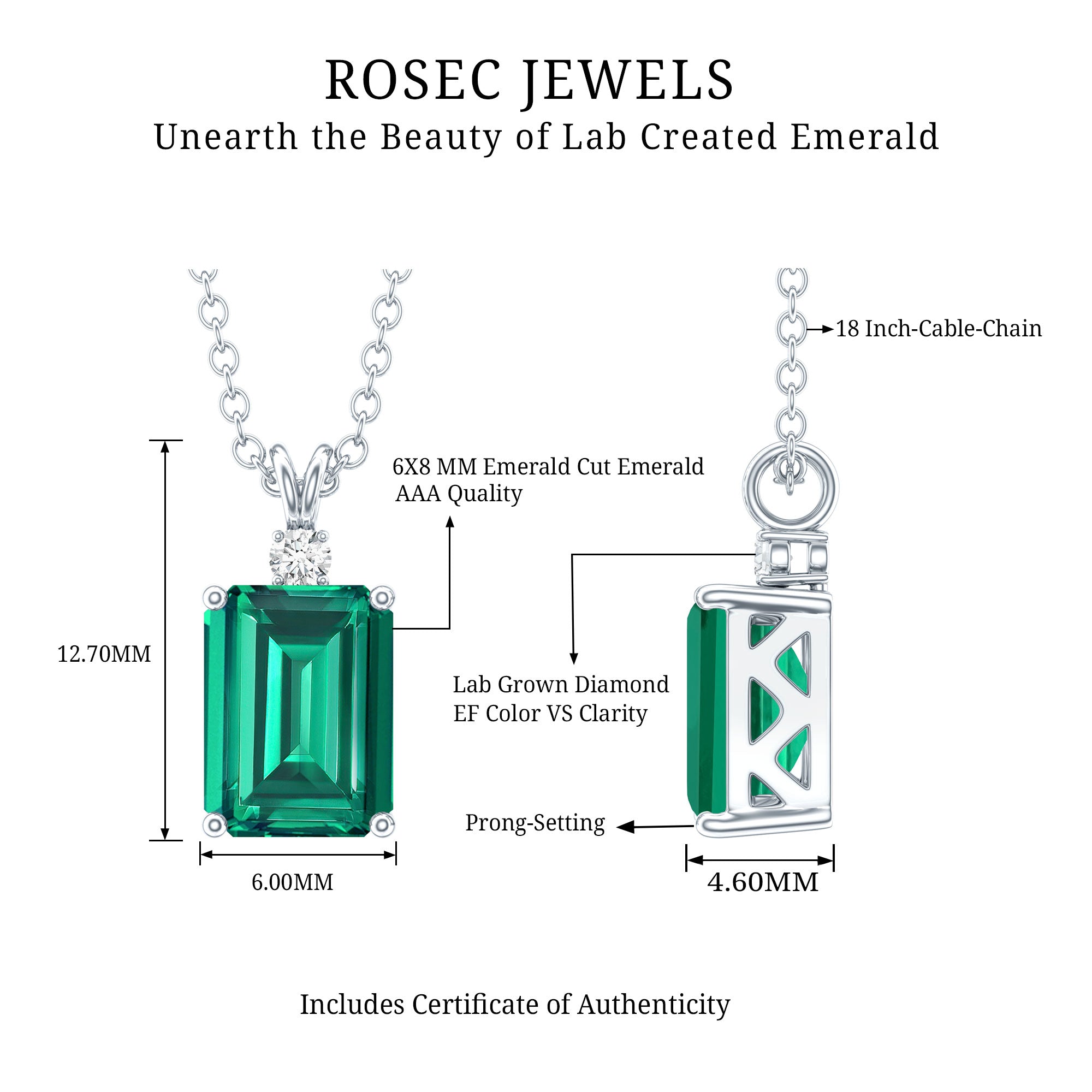 1.6 Carat Emerald Cut Lab Created Emerald Solitaire Necklace with Diamond AAAA - Rosec Jewels