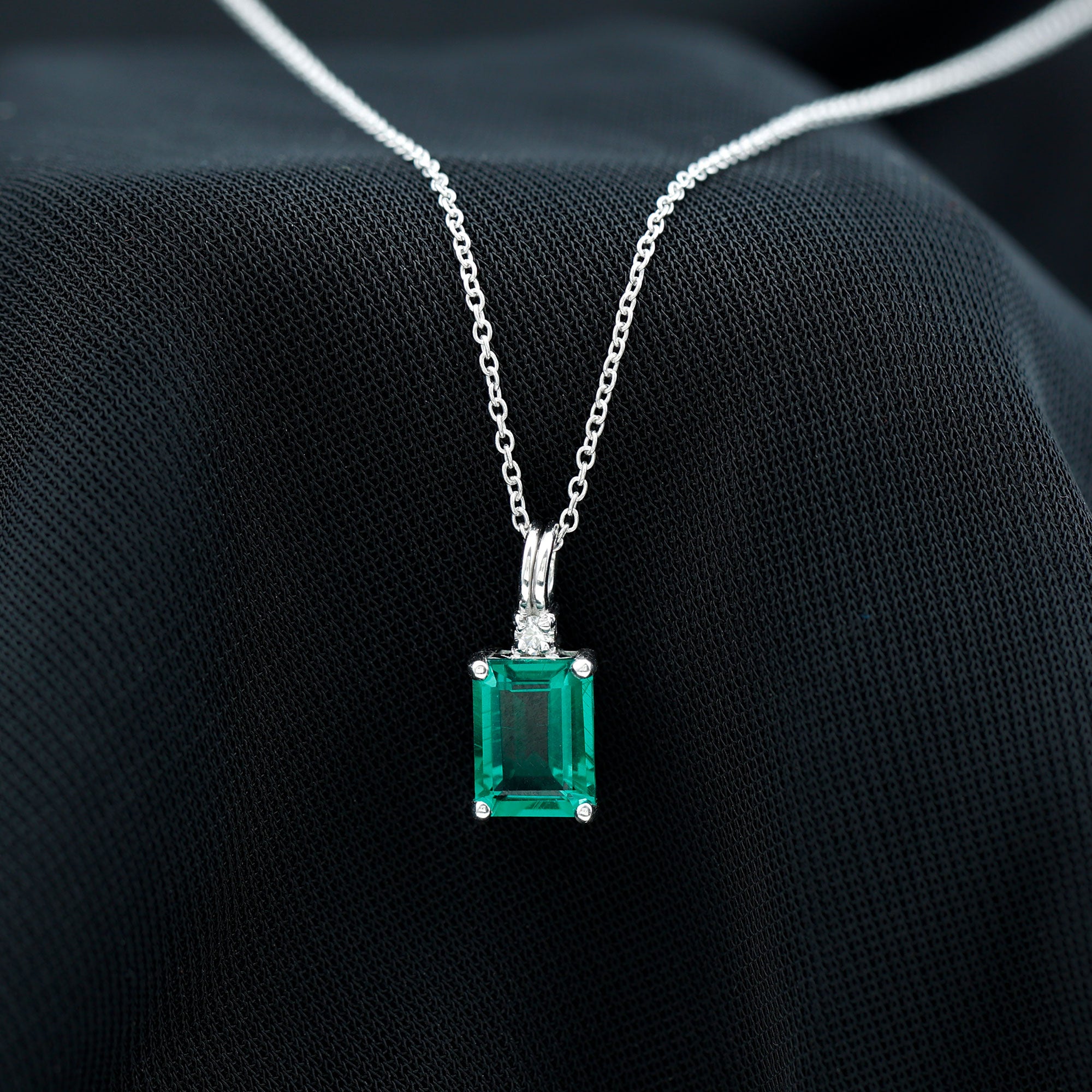 1.6 Carat Emerald Cut Lab Created Emerald Solitaire Necklace with Diamond AAAA - Rosec Jewels