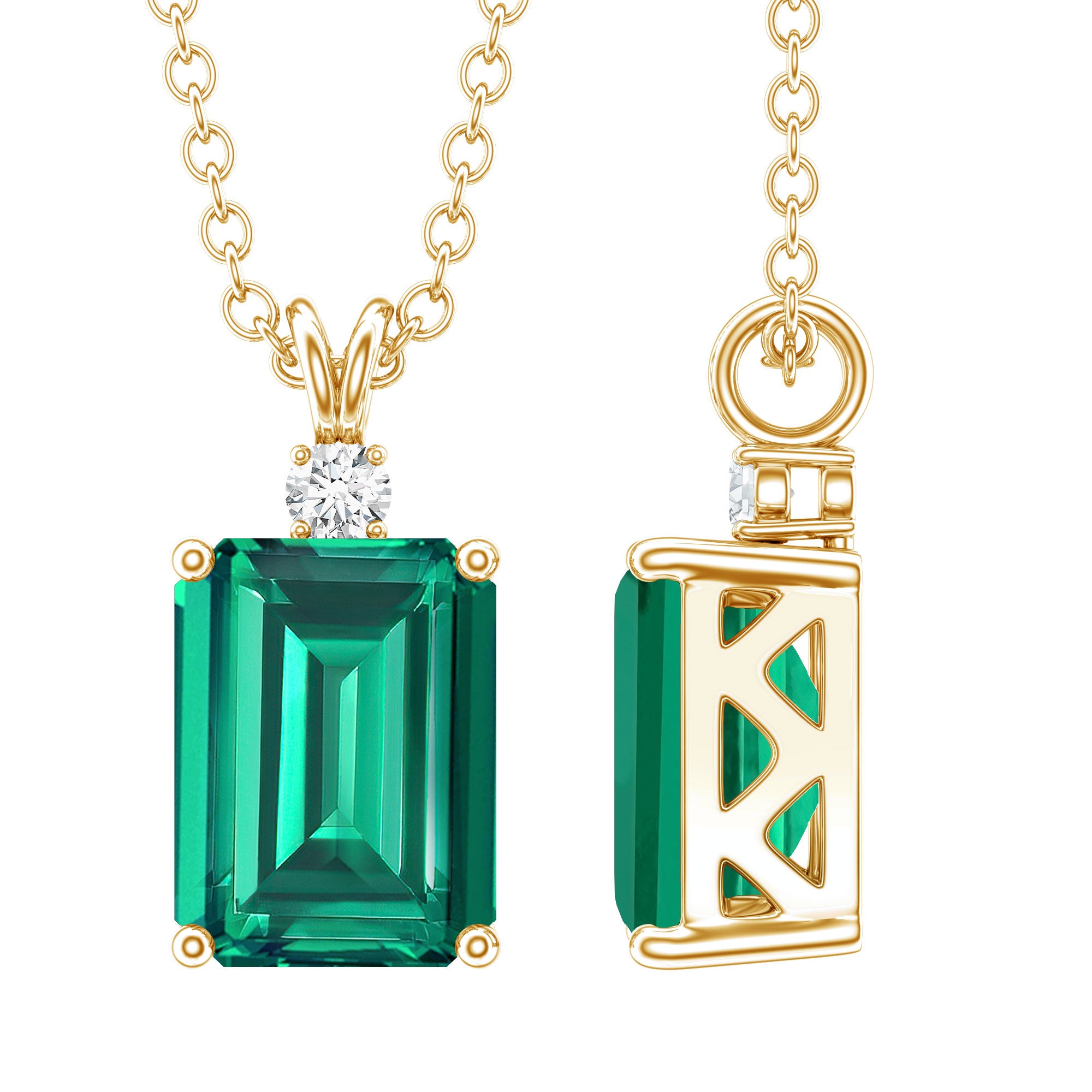 1.6 Carat Emerald Cut Lab Created Emerald Solitaire Necklace with Diamond AAAA - Rosec Jewels