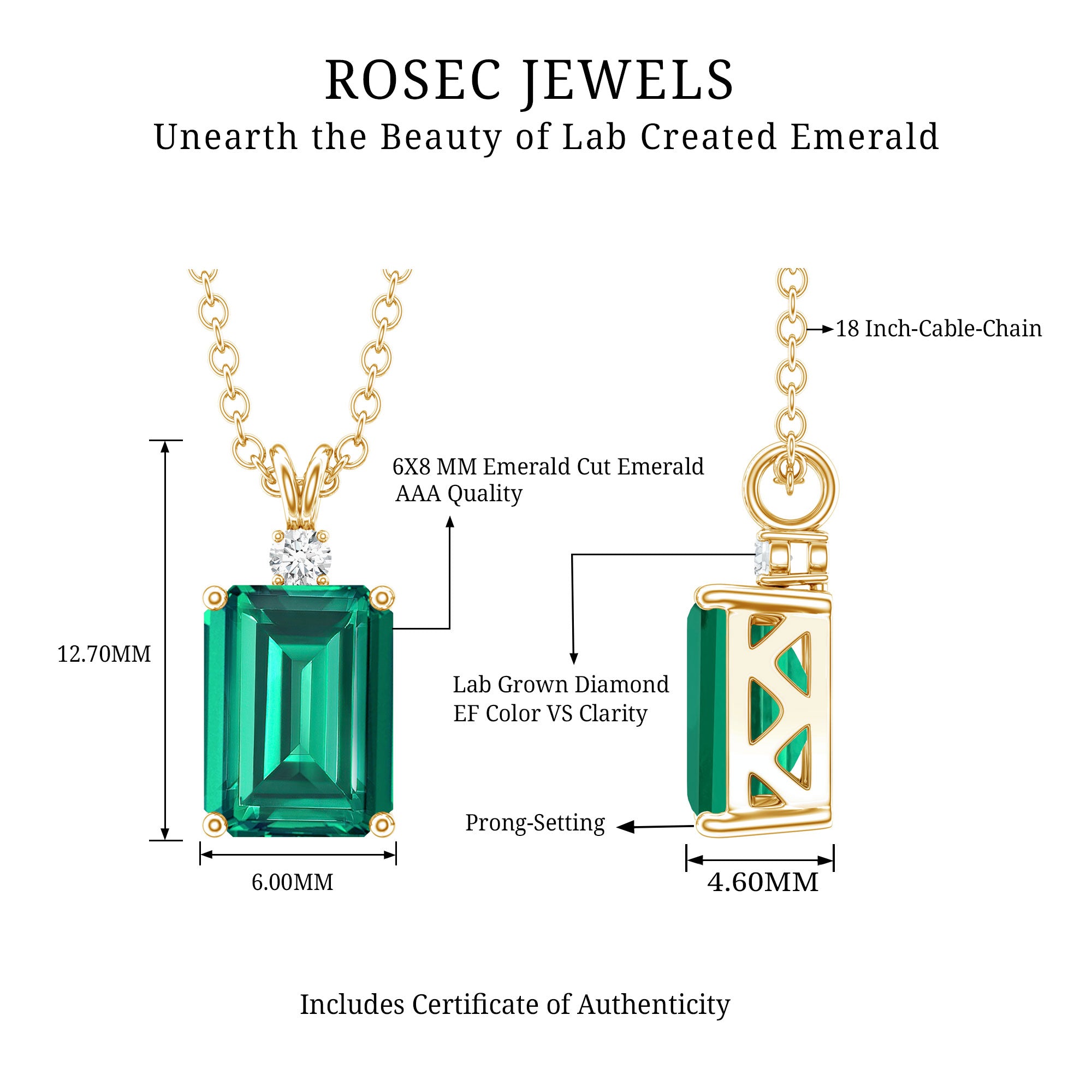 1.6 Carat Emerald Cut Lab Created Emerald Solitaire Necklace with Diamond AAAA - Rosec Jewels