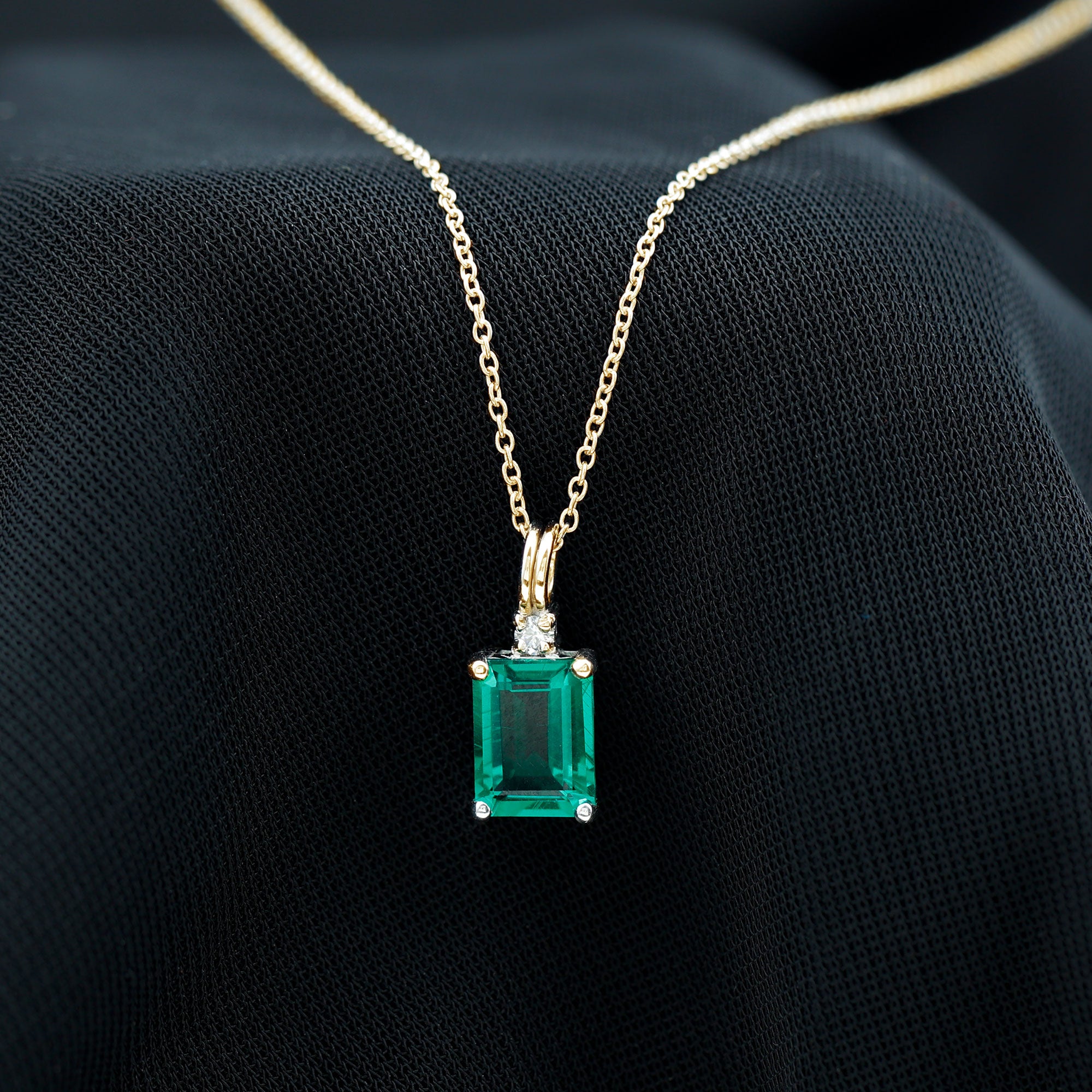 1.6 Carat Emerald Cut Lab Created Emerald Solitaire Necklace with Diamond AAAA - Rosec Jewels