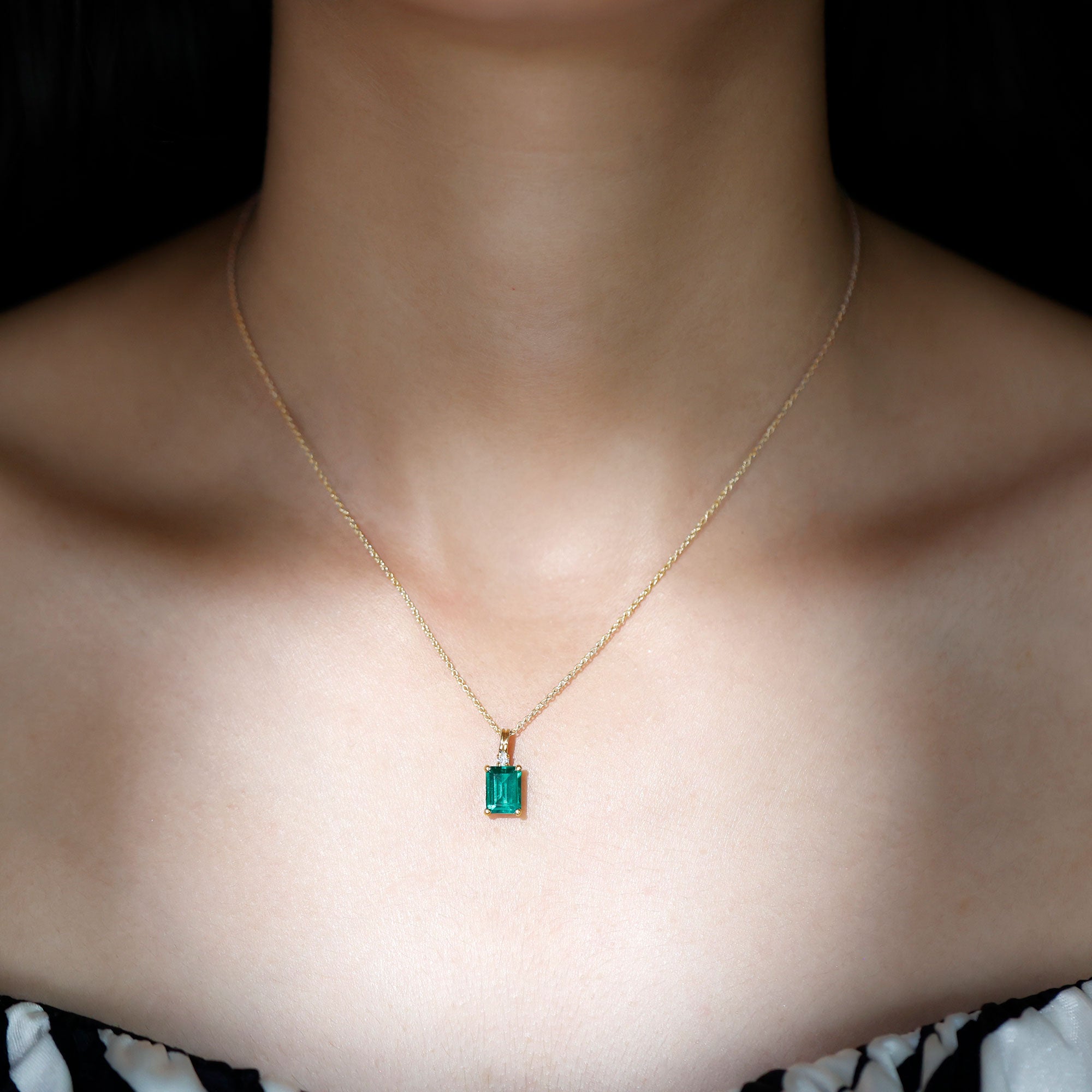 1.6 Carat Emerald Cut Lab Created Emerald Solitaire Necklace with Diamond AAAA - Rosec Jewels