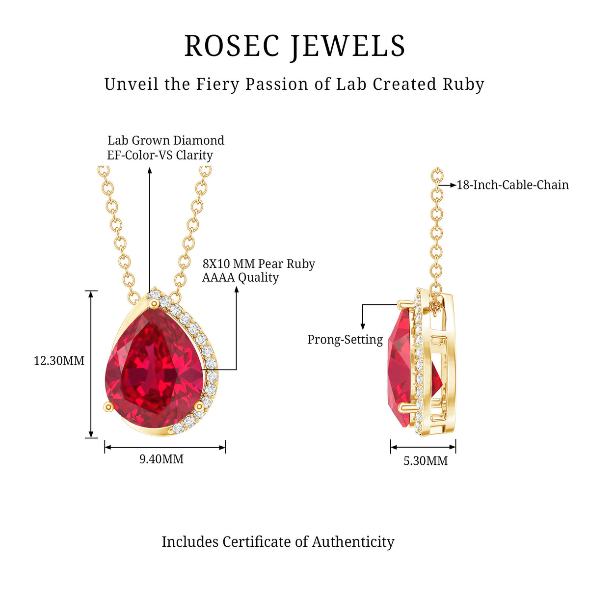 Lab Grown Ruby Teardrop Designer Necklace with Diamond AAAA - Rosec Jewels