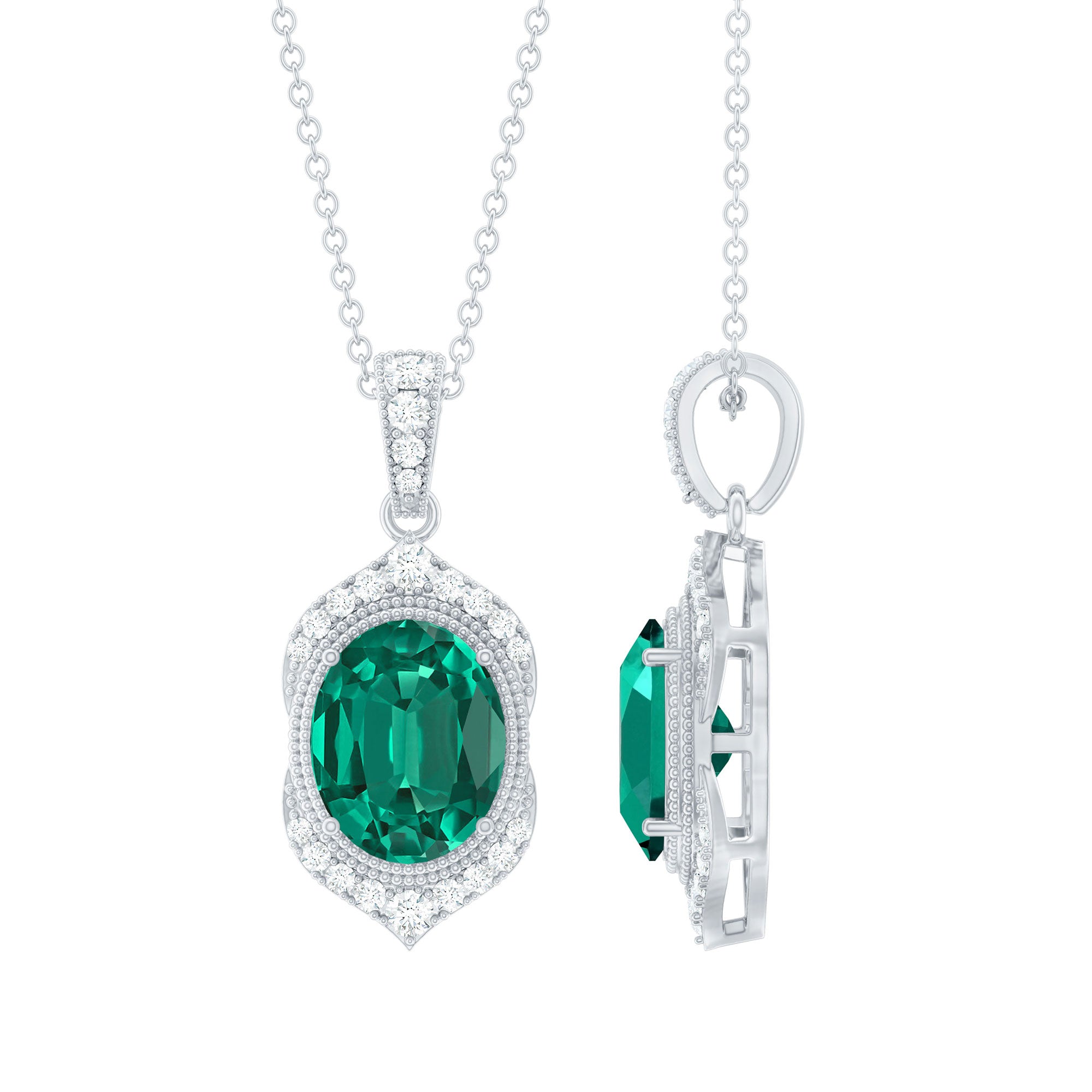 Certified Lab Grown Emerald Vintage Inspired Necklace With Diamond