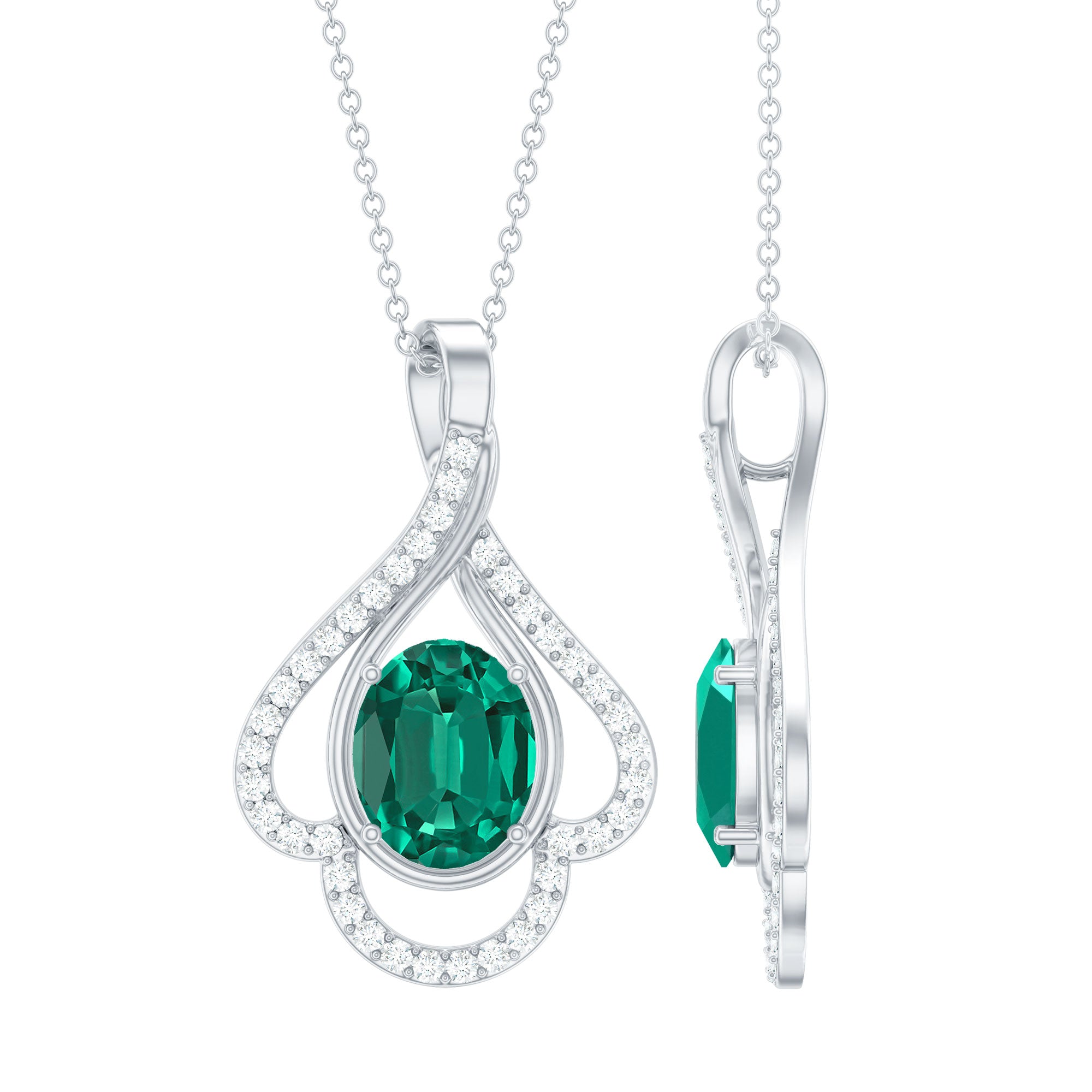 Lab Grown Emerald Oval Pendant Necklace with Diamonds