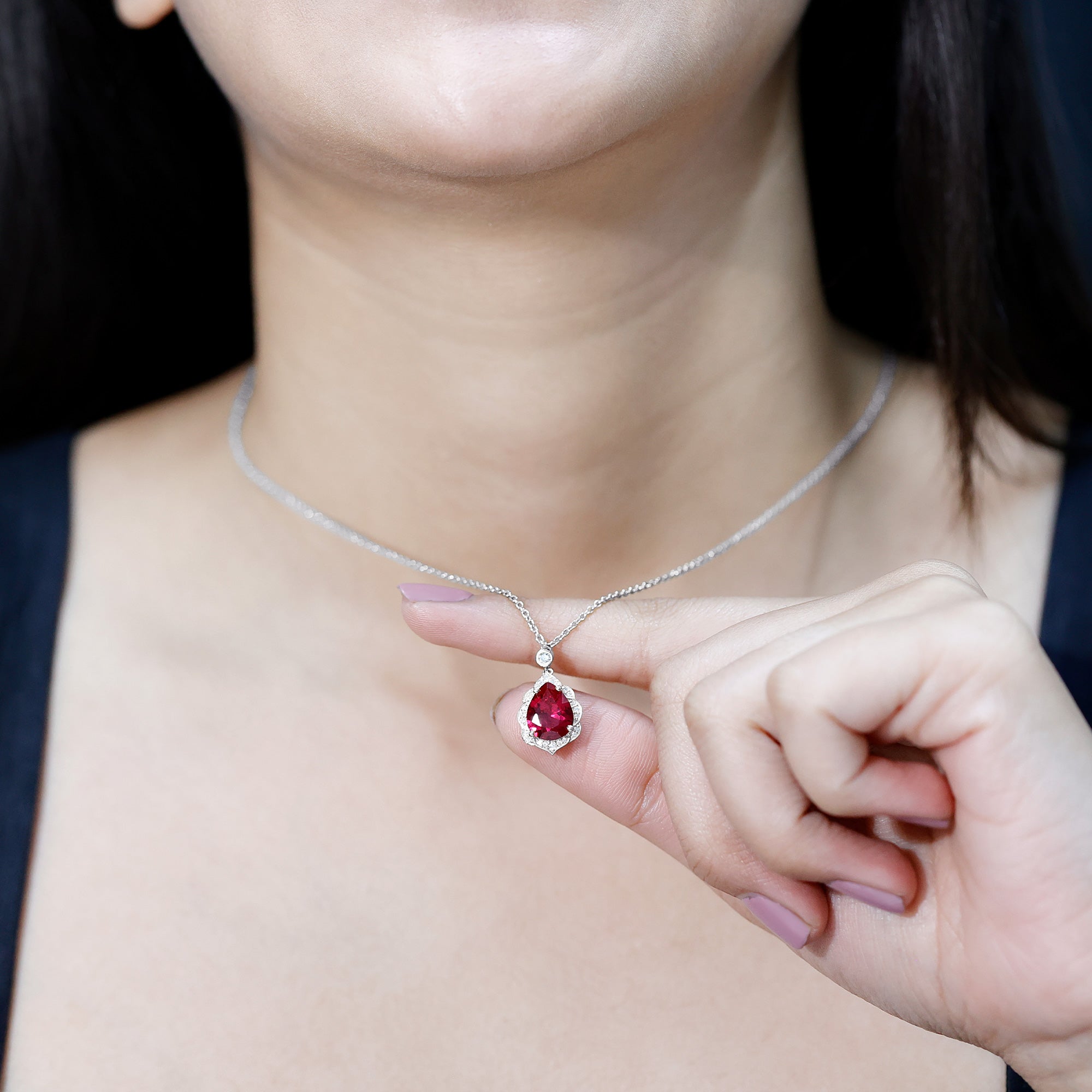 Certified Lab Grown Ruby Vintage Inspired Necklace with Diamond Halo AAAA - Rosec Jewels