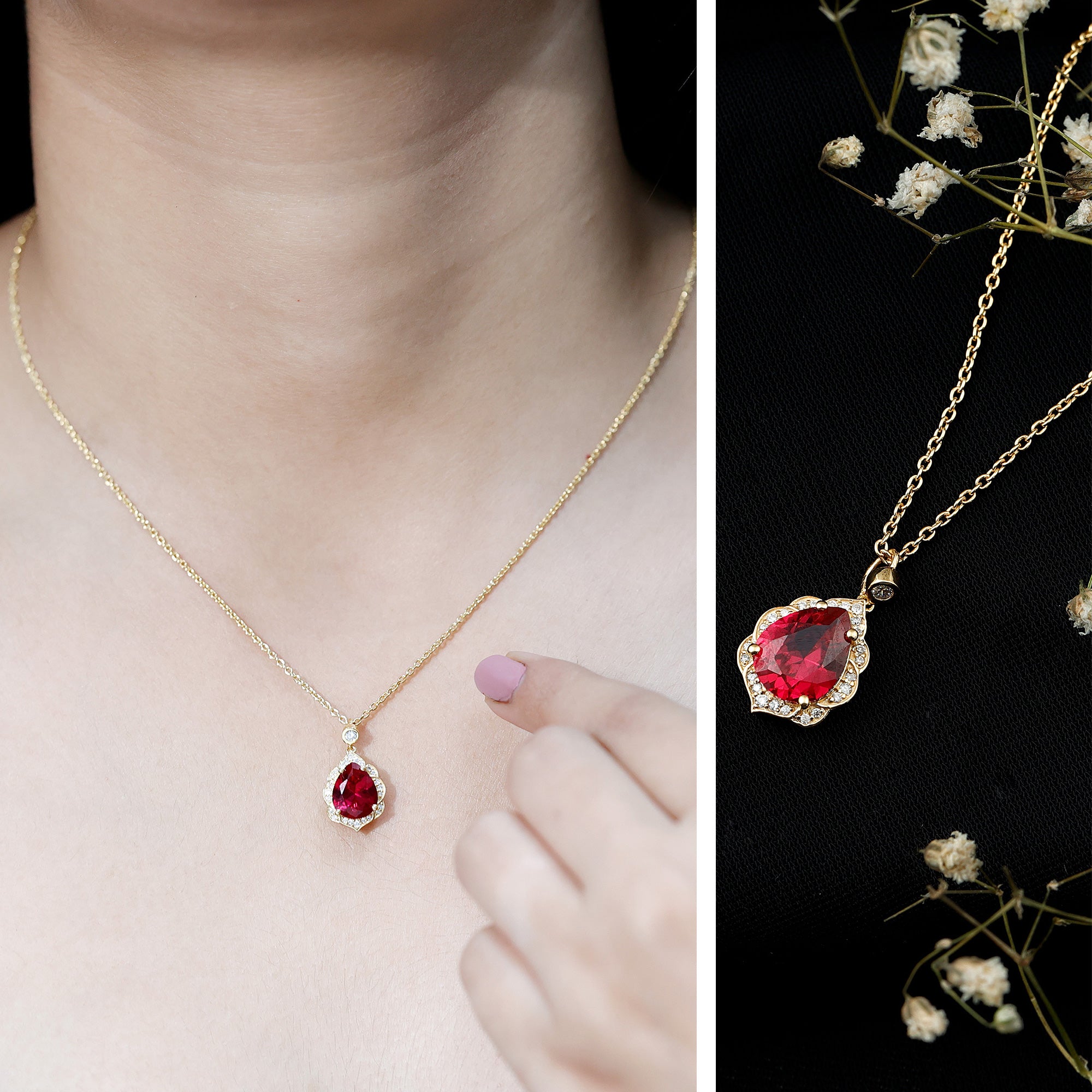 Certified Lab Grown Ruby Vintage Inspired Necklace with Diamond Halo AAAA - Rosec Jewels