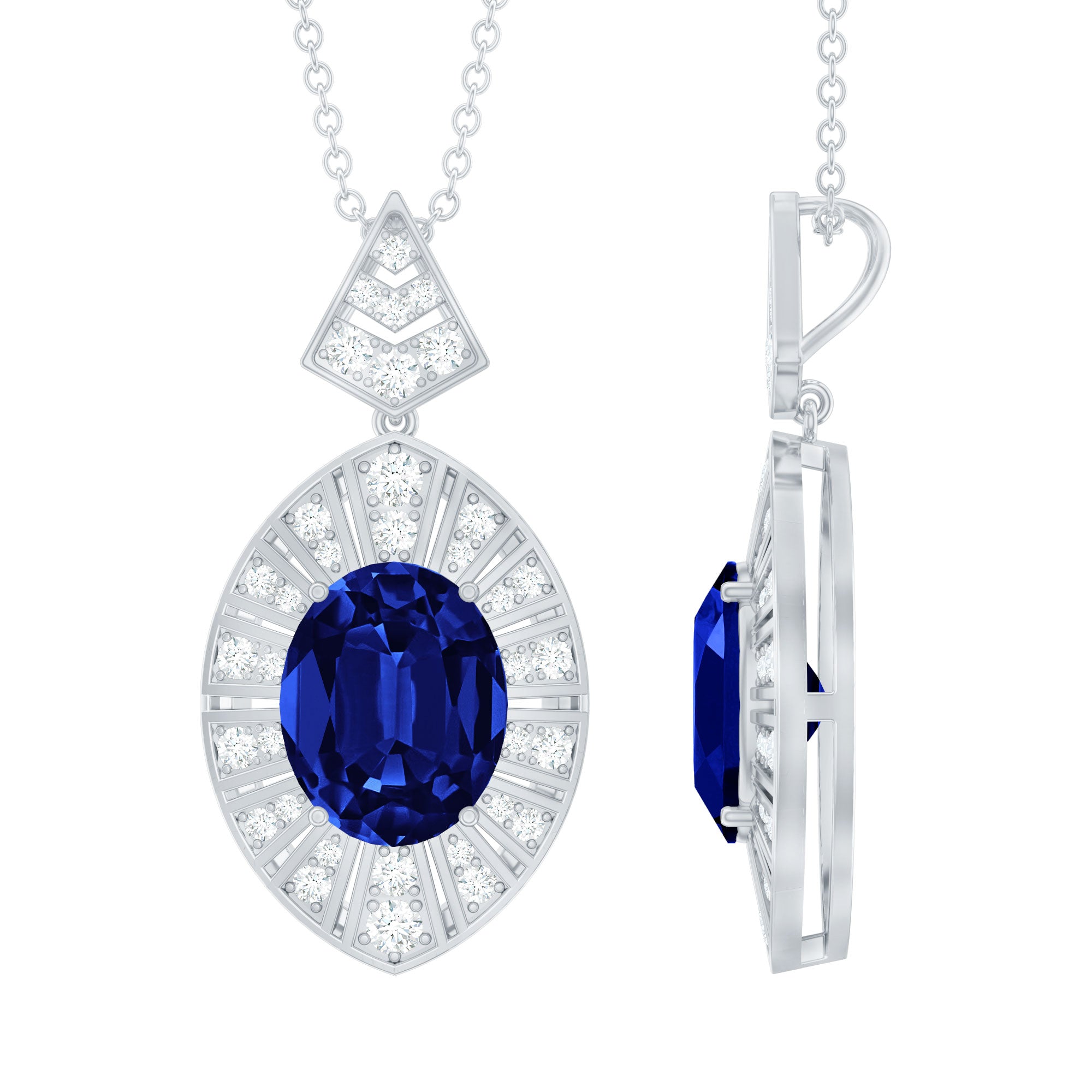 Lab Grown Blue Sapphire Art Deco Necklace with Diamond Accent