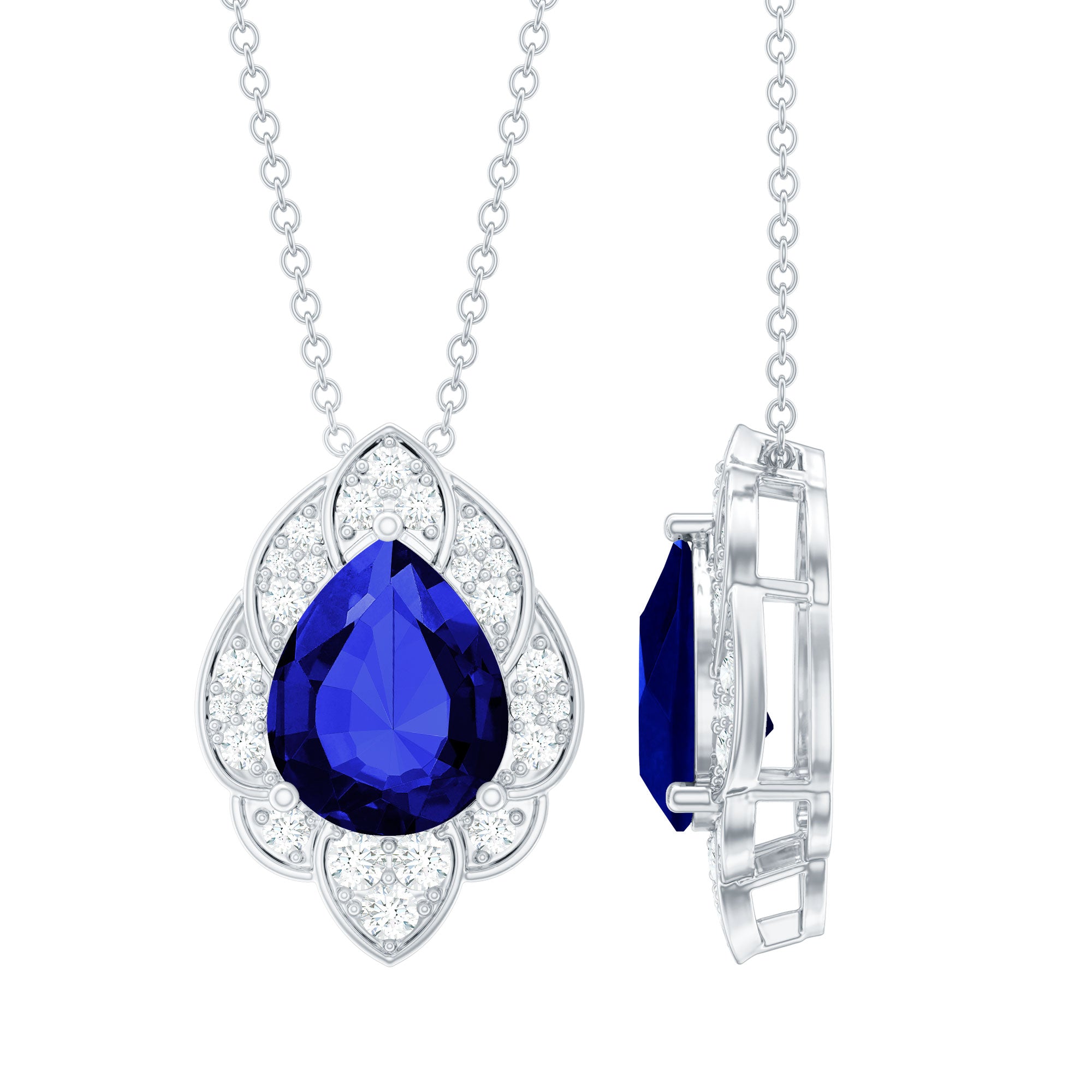 Certified Lab Grown Blue Sapphire Petal Necklace with Diamond