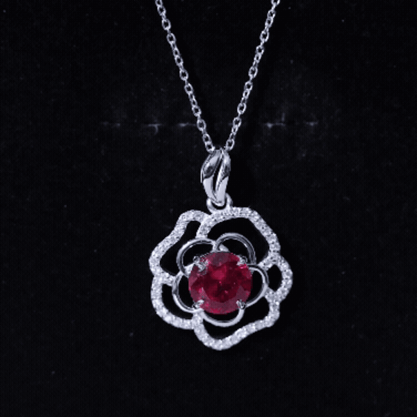 Certified Lab Grown Ruby Rose Pendant Necklace with Diamond Accent AAAA - Rosec Jewels