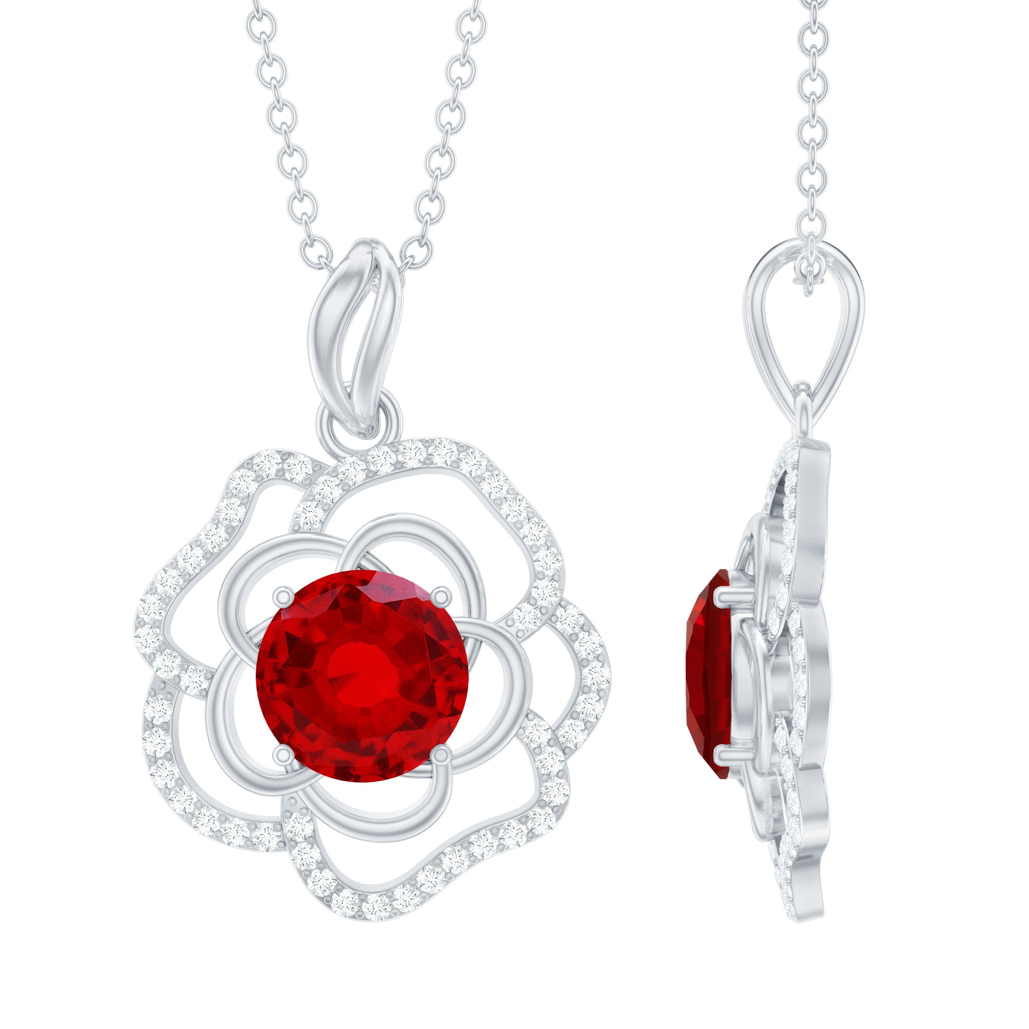 Certified Lab Grown Ruby Rose Pendant Necklace with Diamond Accent AAAA - Rosec Jewels