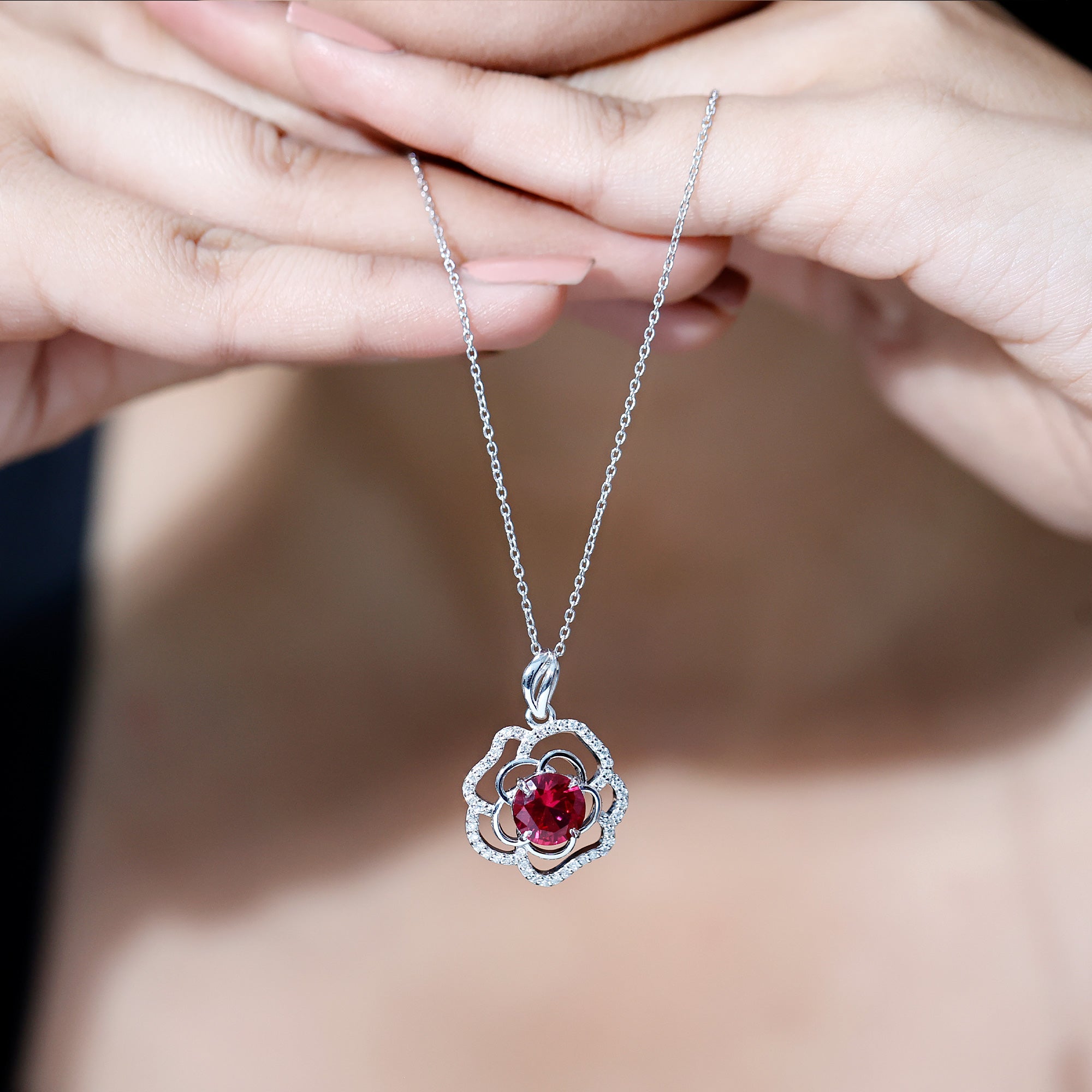 Certified Lab Grown Ruby Rose Pendant Necklace with Diamond Accent AAAA - Rosec Jewels