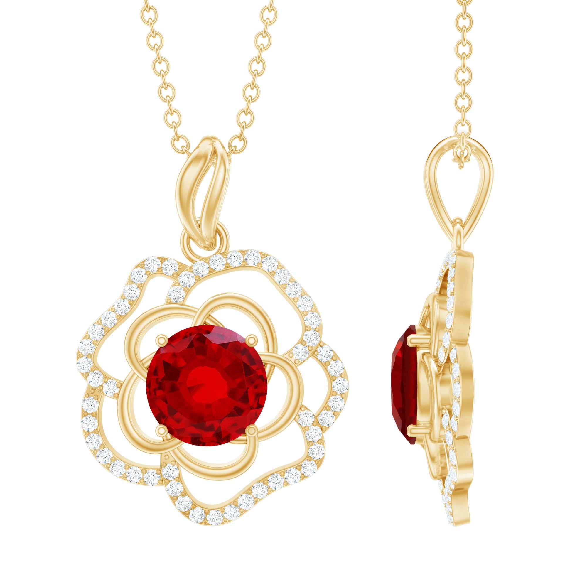 Certified Lab Grown Ruby Rose Pendant Necklace with Diamond Accent AAAA - Rosec Jewels