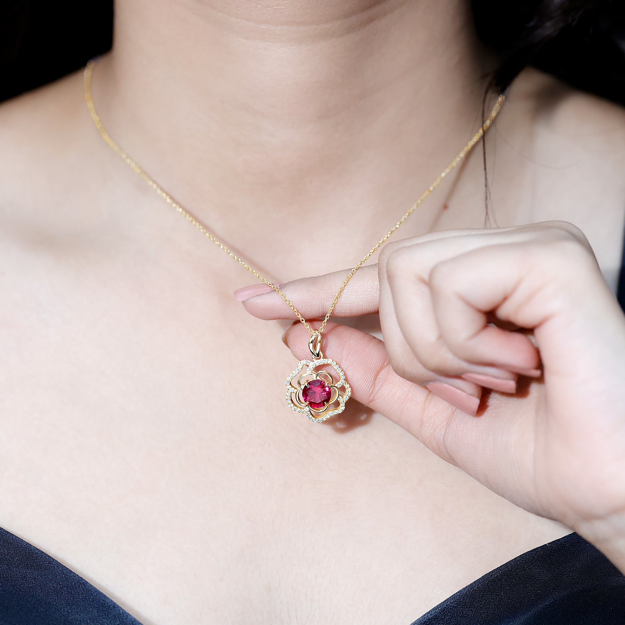 Certified Lab Grown Ruby Rose Pendant Necklace with Diamond Accent AAAA - Rosec Jewels