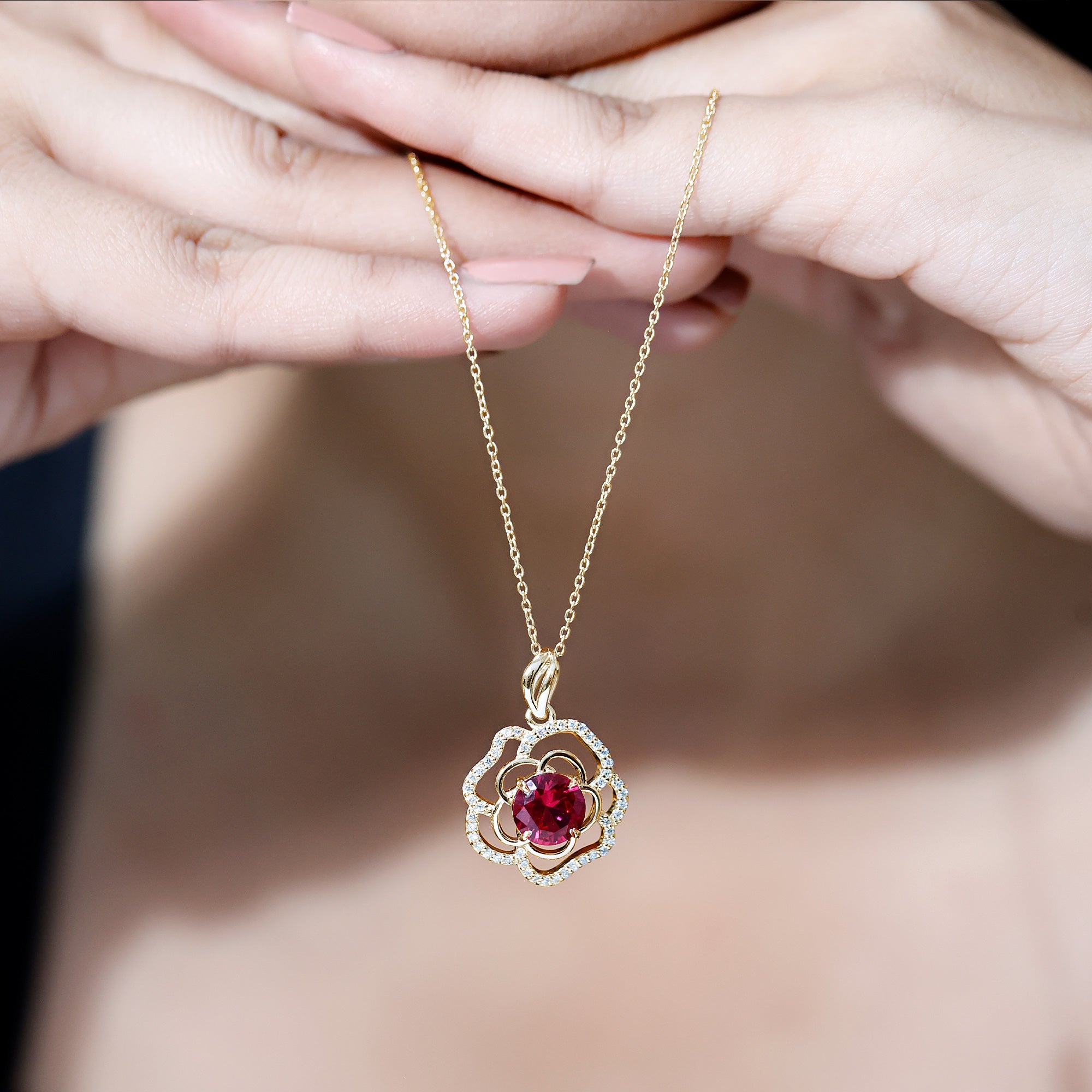 Certified Lab Grown Ruby Rose Pendant Necklace with Diamond Accent AAAA - Rosec Jewels