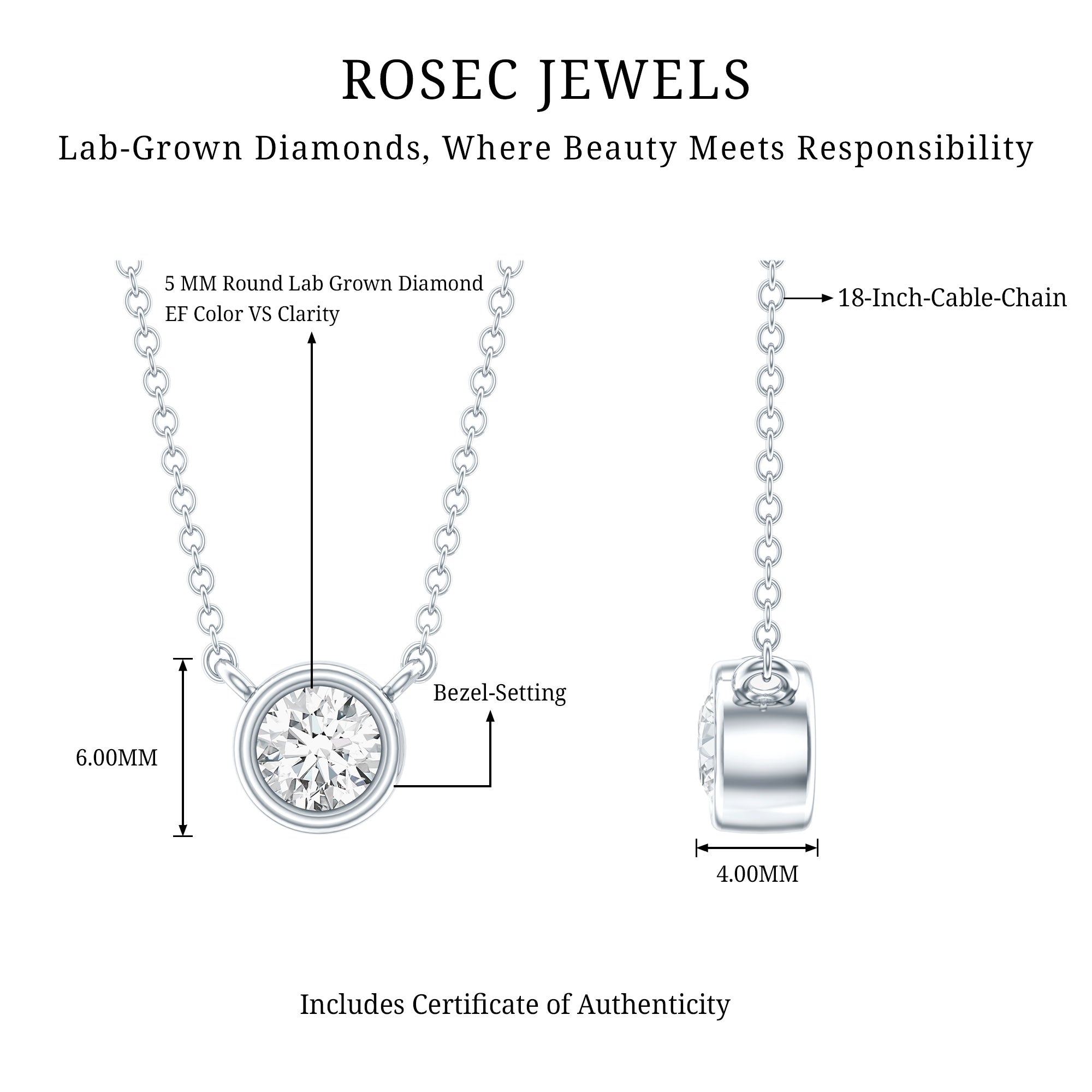 Half Carat Lab Grown Diamond Solitaire Necklace in Sterling Silver Lab - ( EF-VS ) 92.5 Sterling Silver - Rosec Jewels