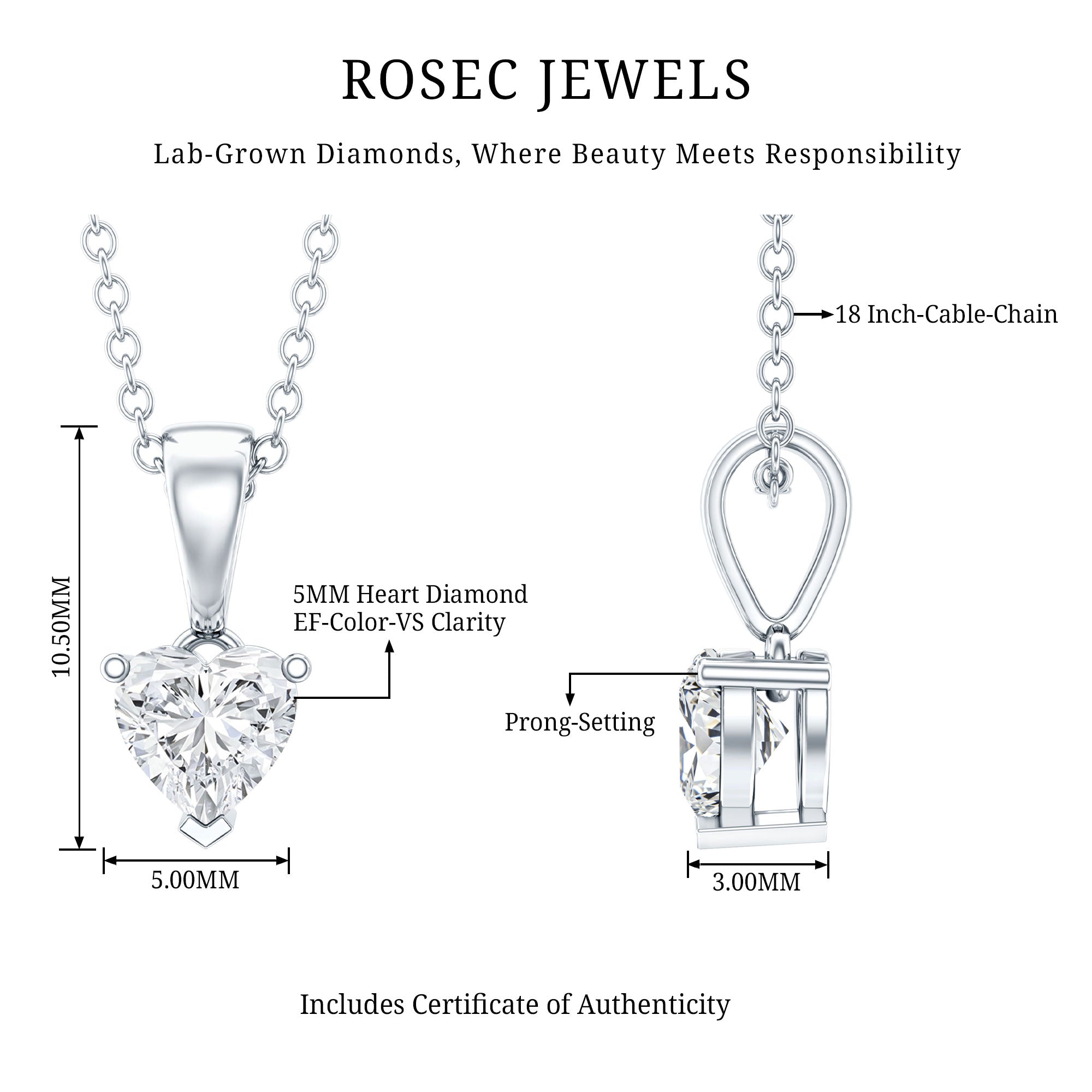 Certified 0.5 Carat Lab Grown Diamond Heart Necklace With Silver Chain Lab - ( EF-VS ) 92.5 Sterling Silver - Rosec Jewels