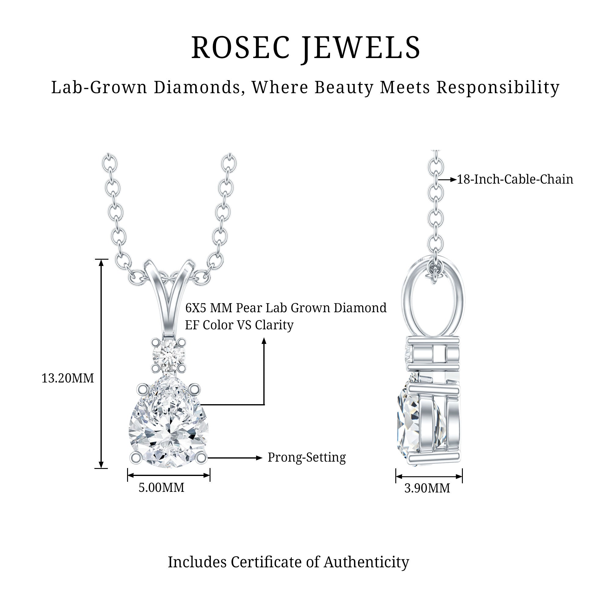 6X5mm Pear Lab Grown Diamond Teardrop Necklace With Silver Chain Lab - ( EF-VS ) 92.5 Sterling Silver - Rosec Jewels