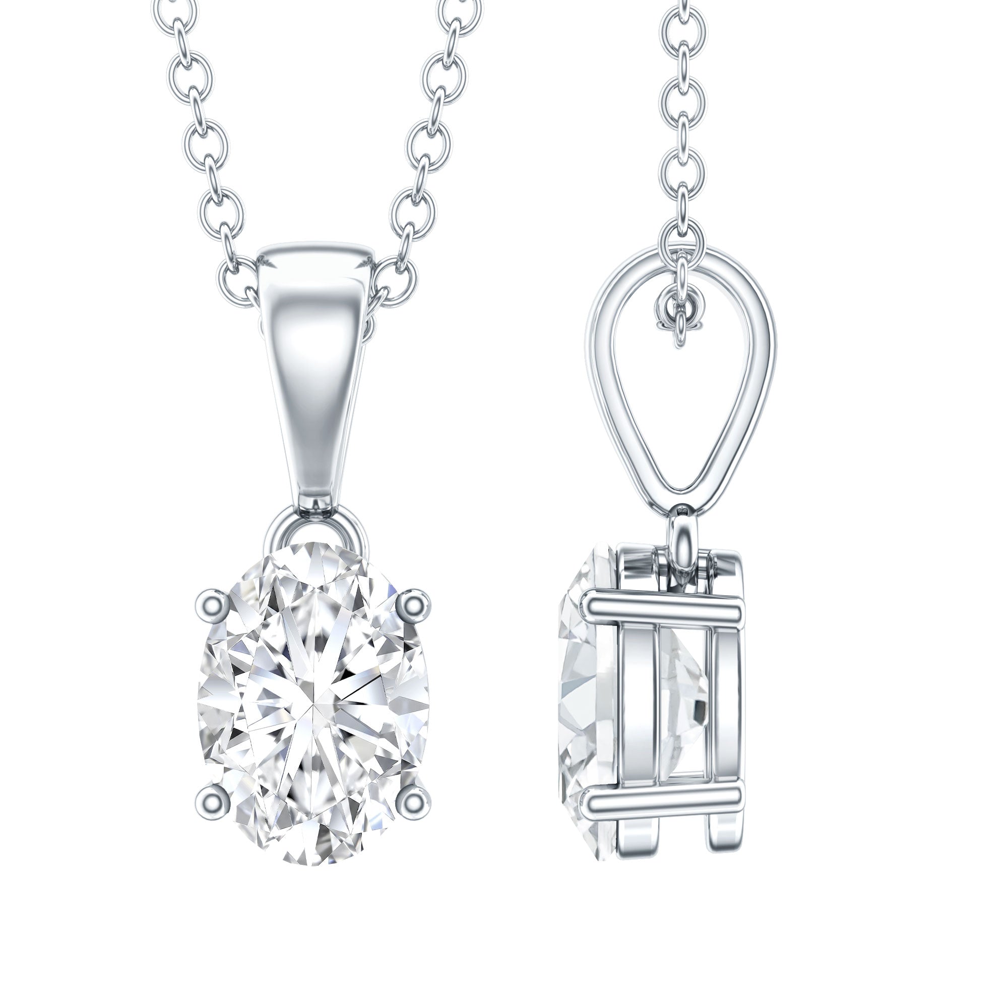 0.75 Carat Oval Lab Grown Diamond Solitaire Necklace with Silver Chain Lab - ( EF-VS ) 92.5 Sterling Silver - Rosec Jewels
