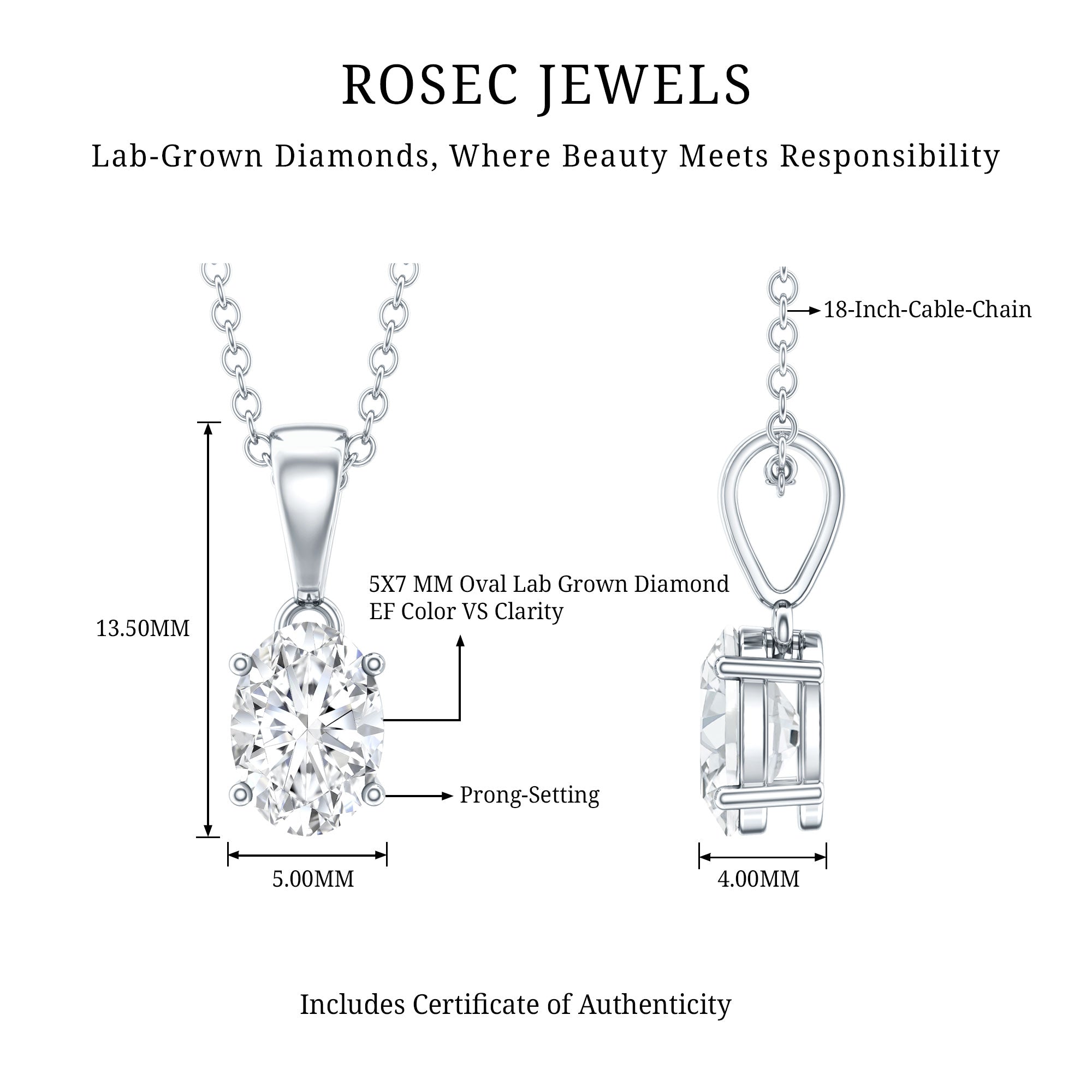 0.75 Carat Oval Lab Grown Diamond Solitaire Necklace with Silver Chain Lab - ( EF-VS ) 92.5 Sterling Silver - Rosec Jewels