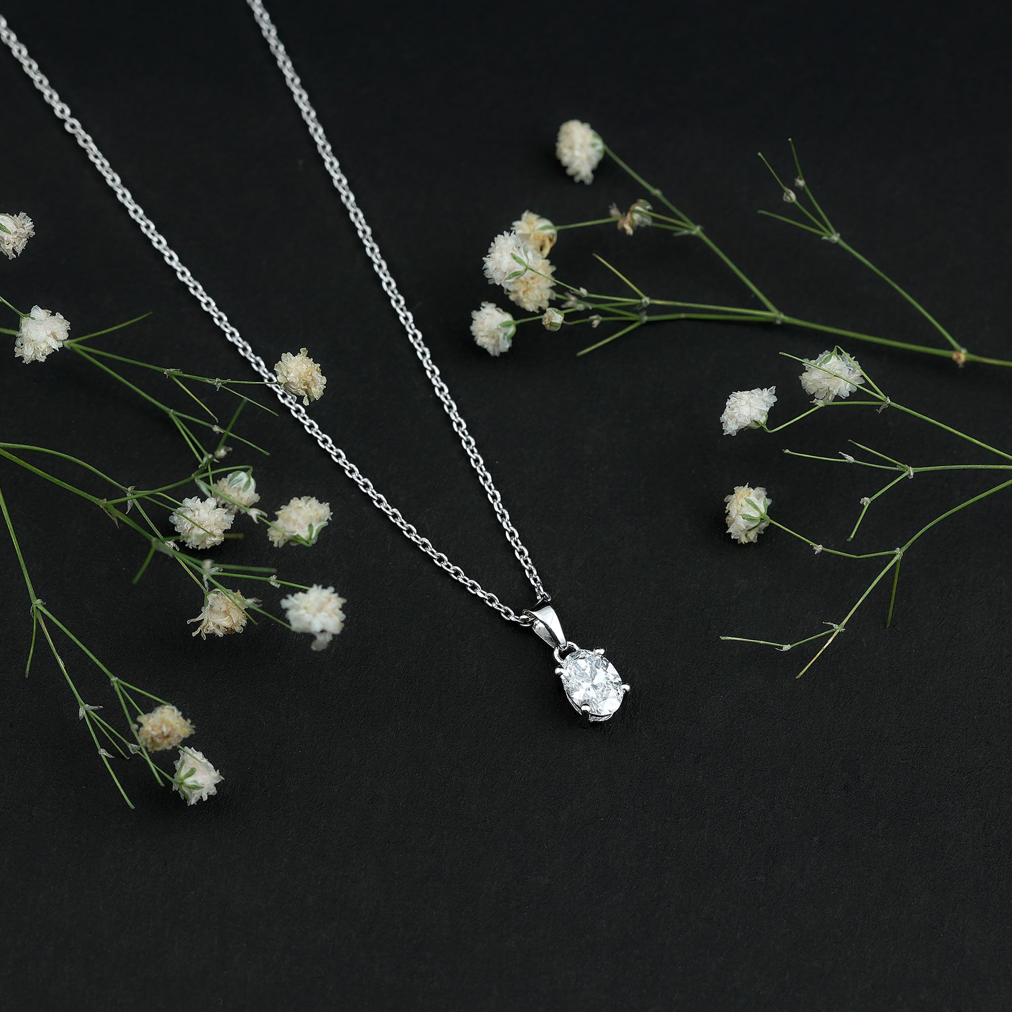0.75 Carat Oval Lab Grown Diamond Solitaire Necklace with Silver Chain Lab - ( EF-VS ) 92.5 Sterling Silver - Rosec Jewels