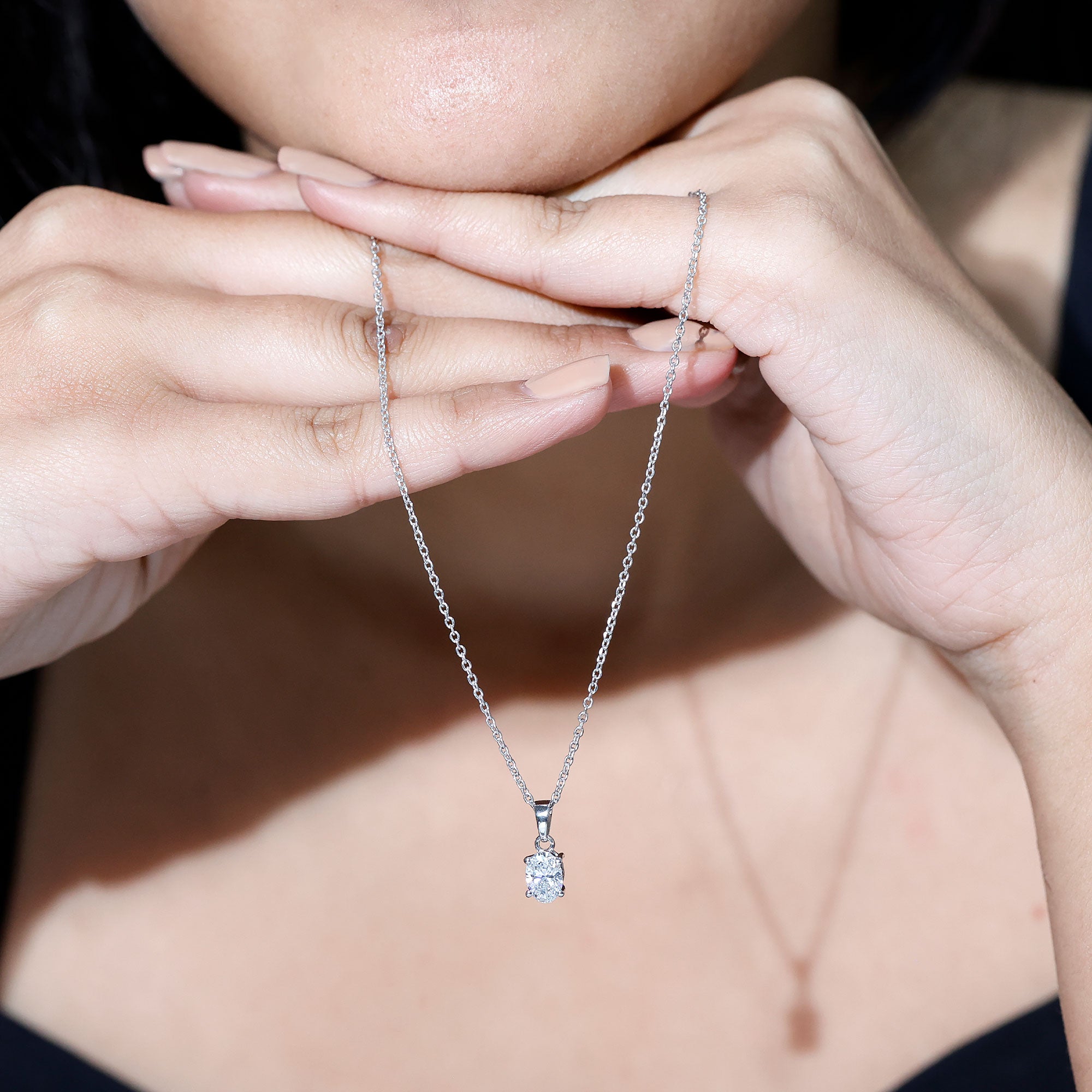 0.75 Carat Oval Lab Grown Diamond Solitaire Necklace with Silver Chain Lab - ( EF-VS ) 92.5 Sterling Silver - Rosec Jewels