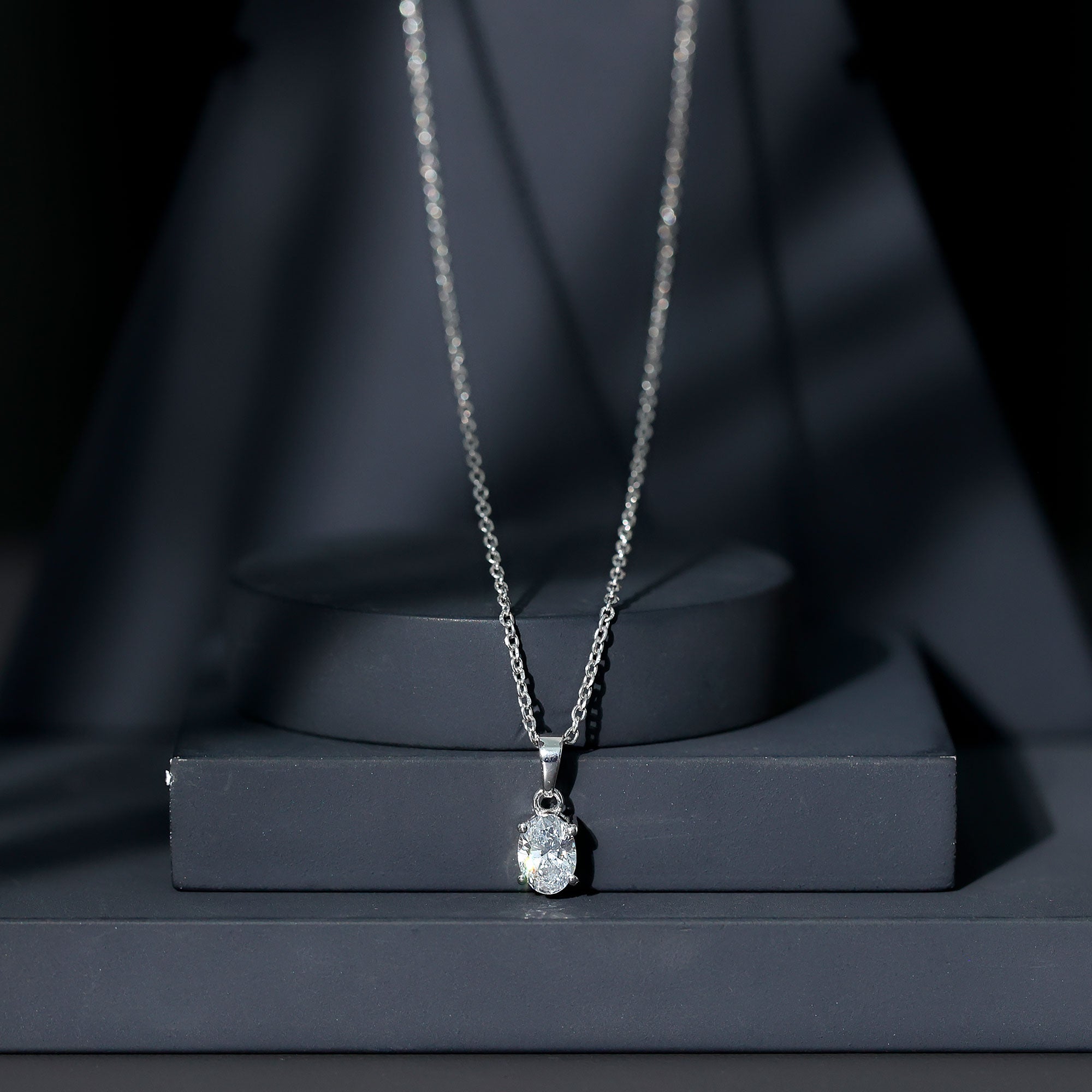 0.75 Carat Oval Lab Grown Diamond Solitaire Necklace with Silver Chain Lab - ( EF-VS ) 92.5 Sterling Silver - Rosec Jewels