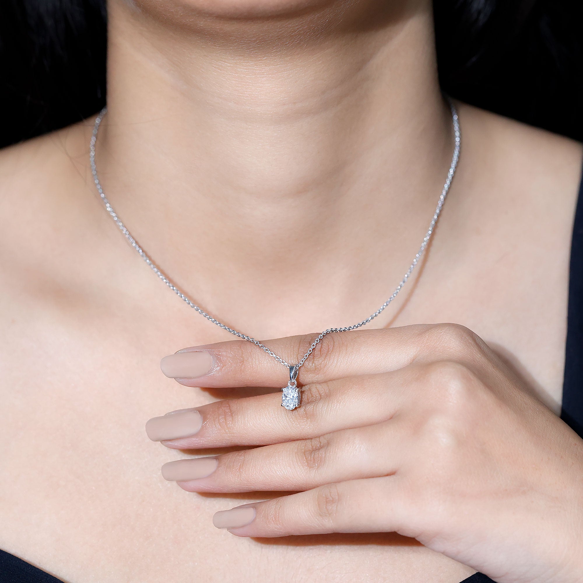 0.75 Carat Oval Lab Grown Diamond Solitaire Necklace with Silver Chain Lab - ( EF-VS ) 92.5 Sterling Silver - Rosec Jewels