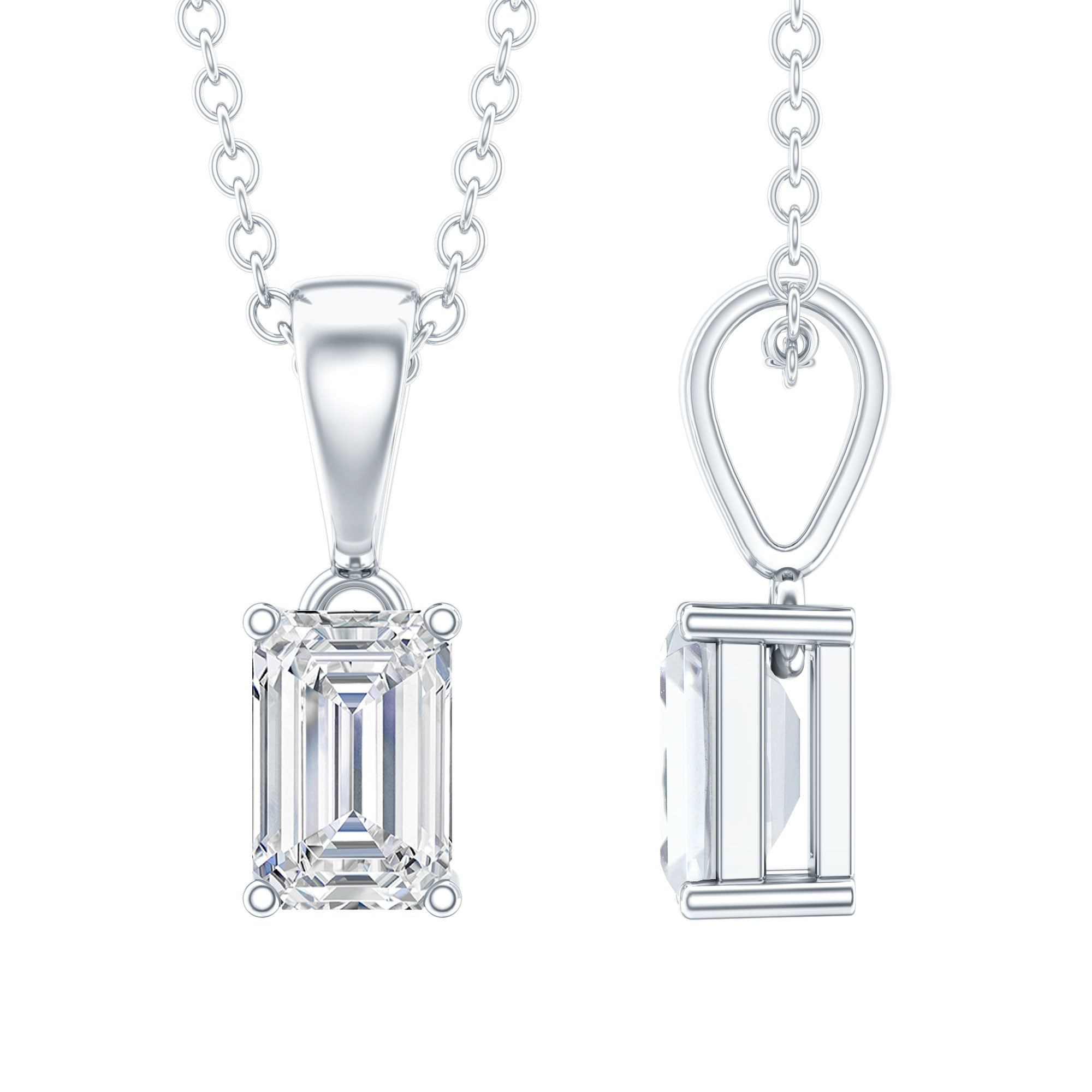 0.7 Carat Lab Grown Diamond Emerald Cut Necklace with Silver Chain Lab - ( EF-VS ) 92.5 Sterling Silver - Rosec Jewels