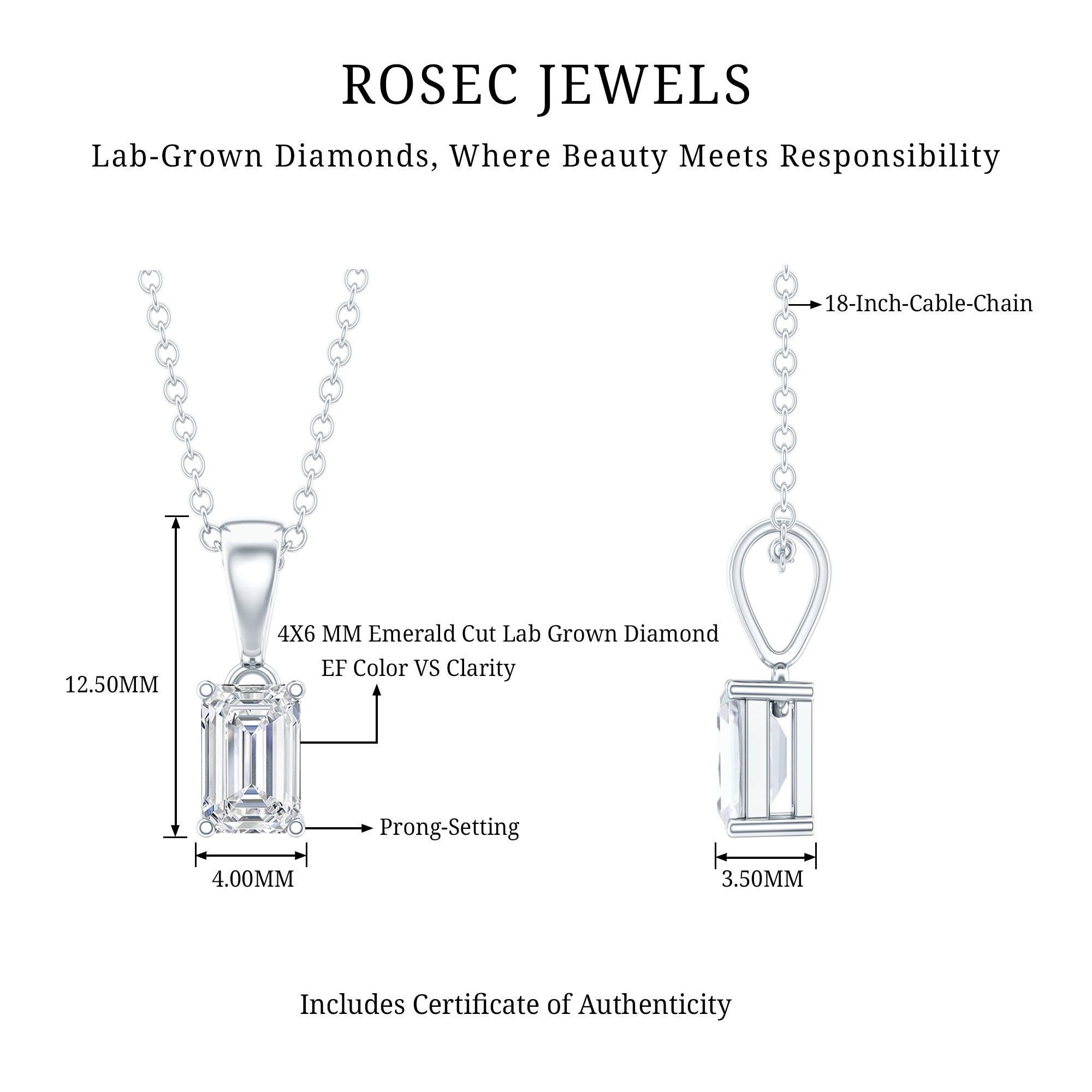 0.7 Carat Lab Grown Diamond Emerald Cut Necklace with Silver Chain Lab - ( EF-VS ) 92.5 Sterling Silver - Rosec Jewels