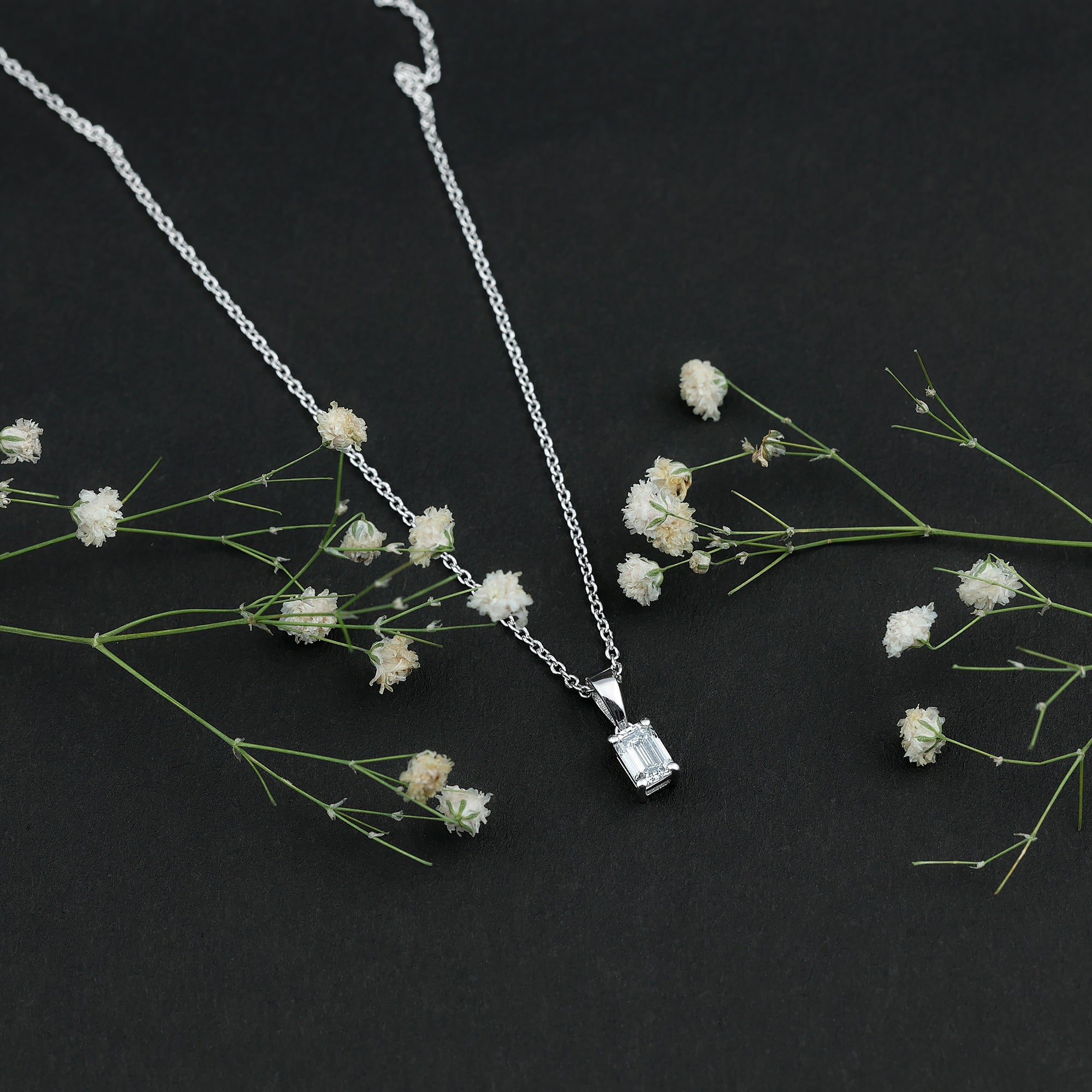 0.7 Carat Lab Grown Diamond Emerald Cut Necklace with Silver Chain Lab - ( EF-VS ) 92.5 Sterling Silver - Rosec Jewels