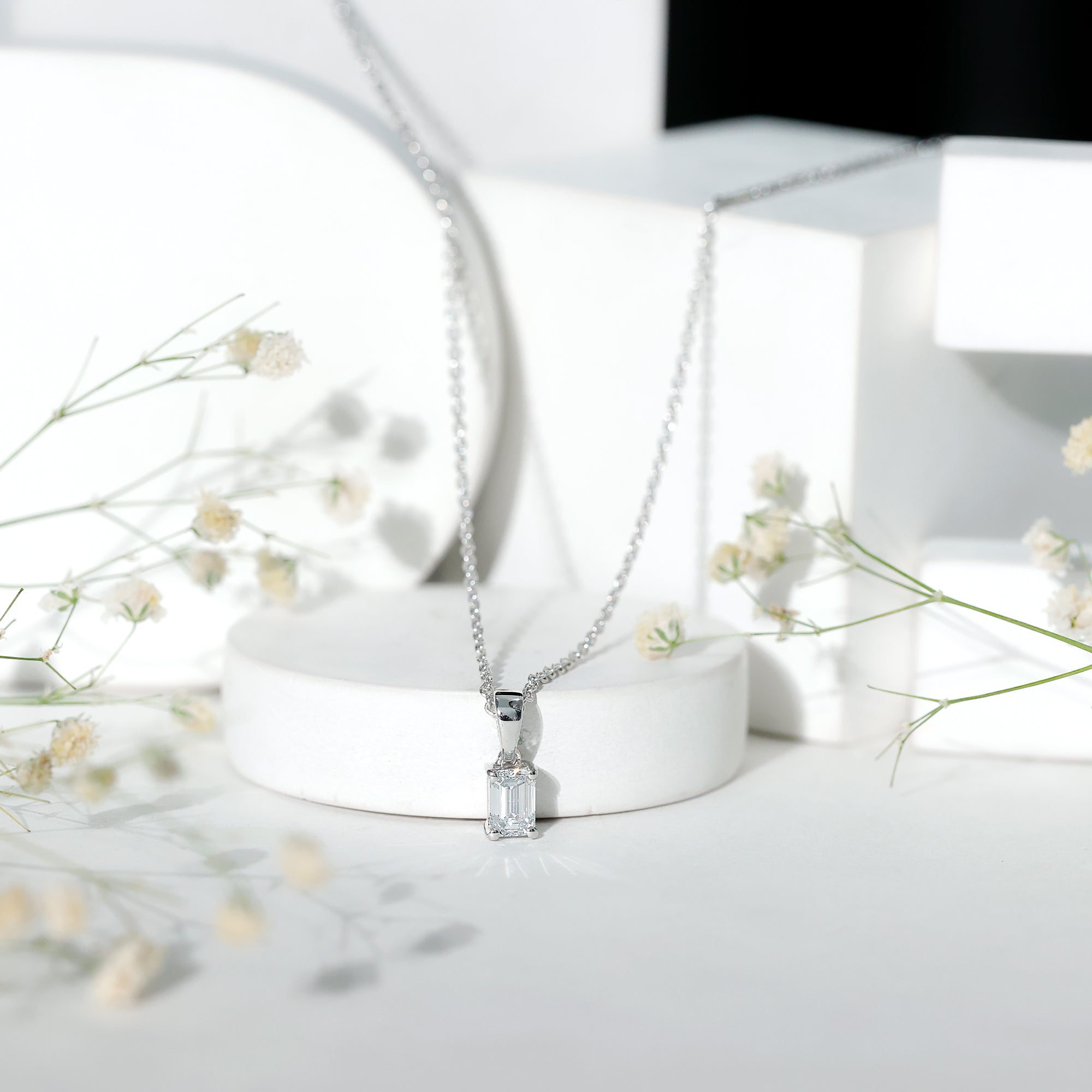 0.7 Carat Lab Grown Diamond Emerald Cut Necklace with Silver Chain Lab - ( EF-VS ) 92.5 Sterling Silver - Rosec Jewels