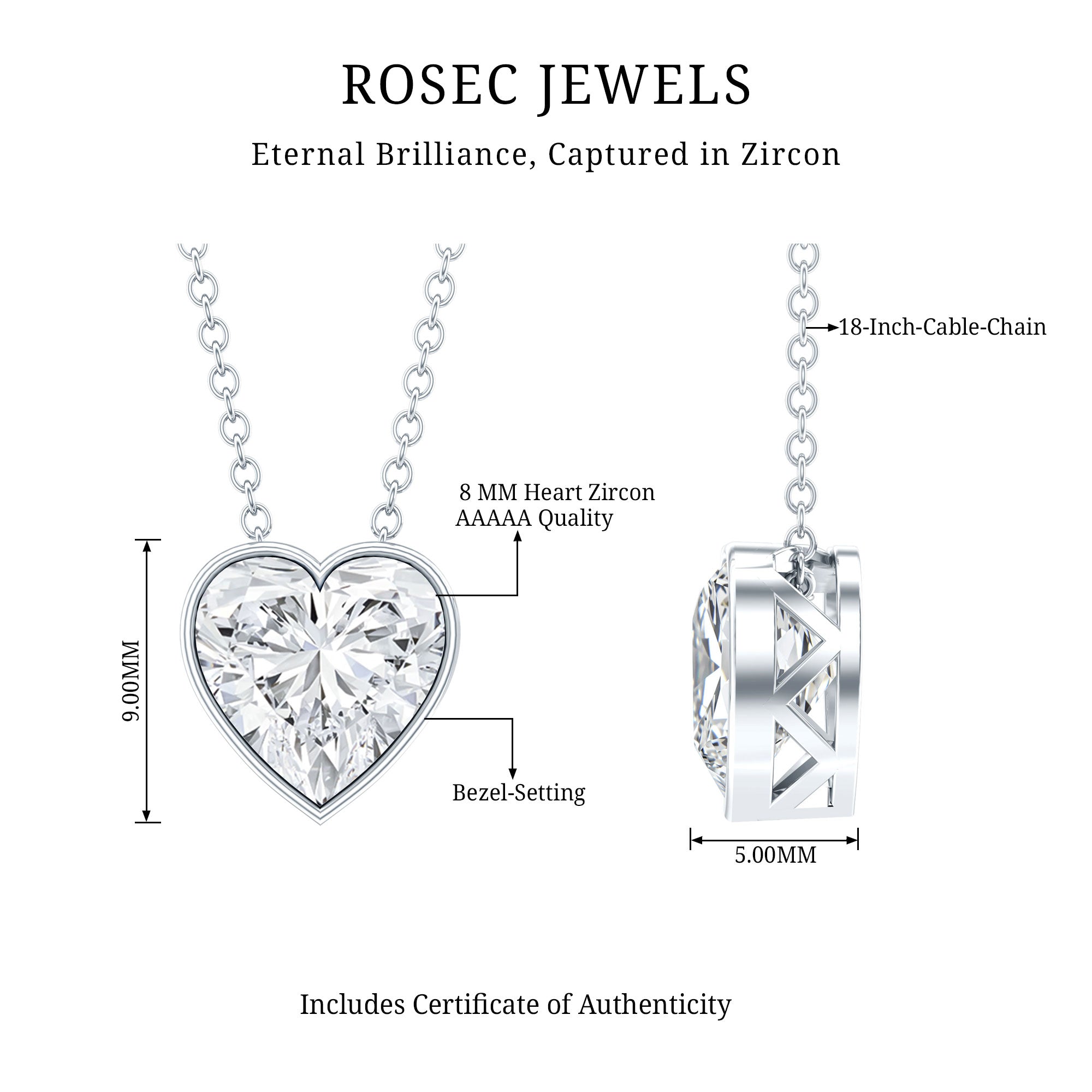 Bezel Set 2 Carat Cubic Zirconia Heart Pendant Necklace with Chain AAAAA 92.5 Sterling Silver - Rosec Jewels