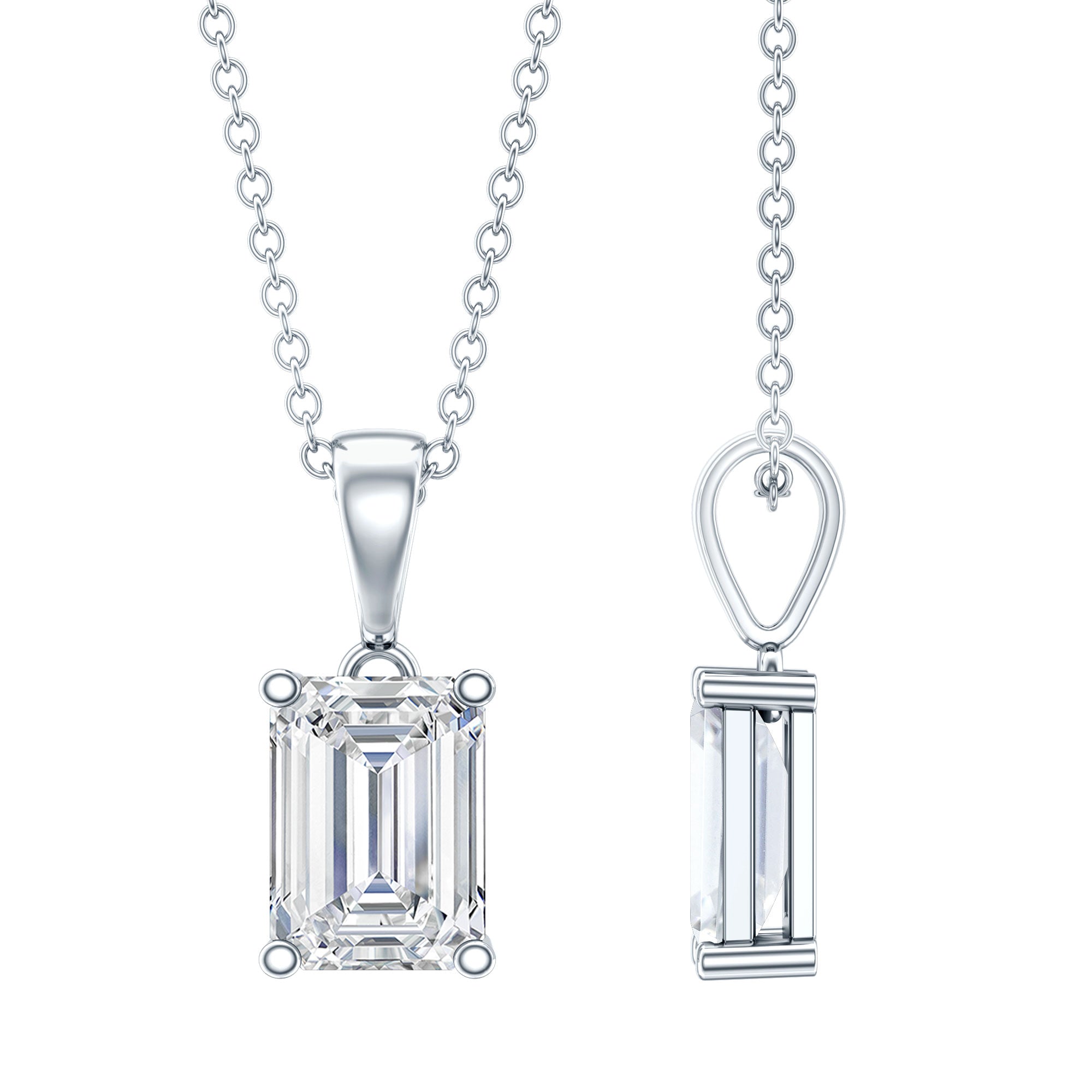6X8mm Emerald Cut Cubic Zirconia Solitaire Necklace With Silver Chain AAAAA 92.5 Sterling Silver - Rosec Jewels
