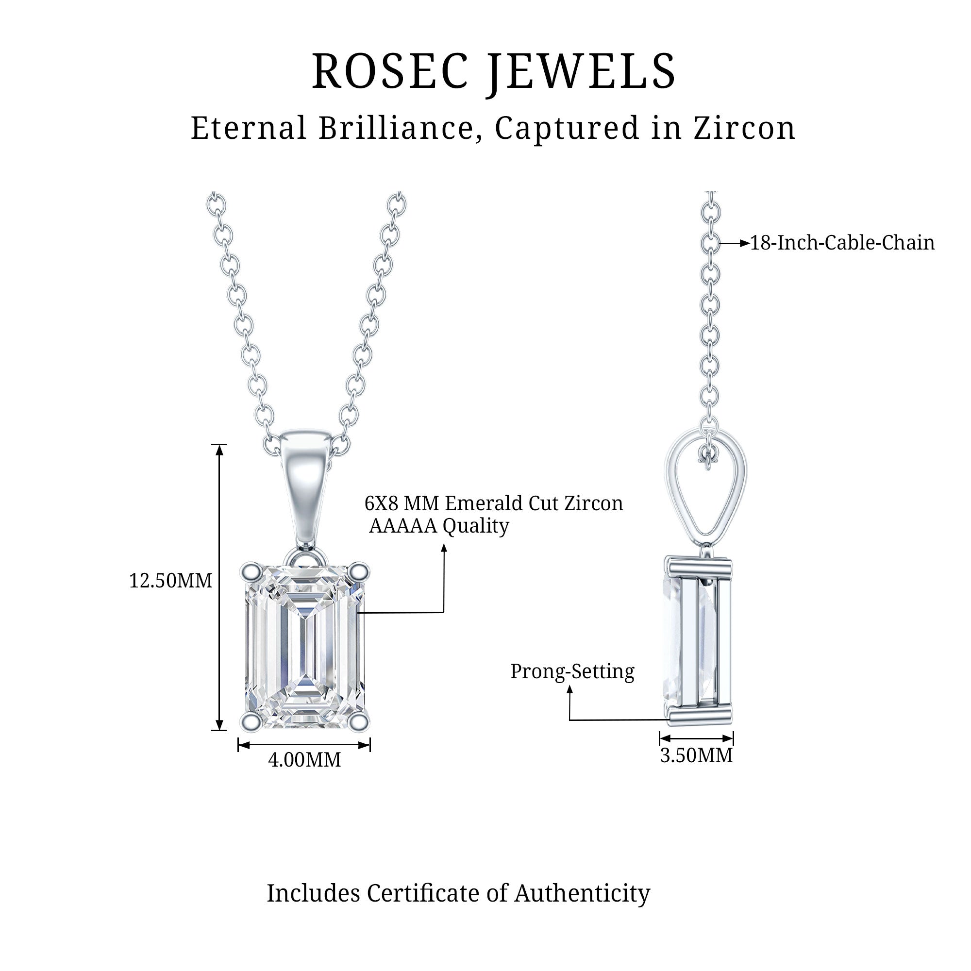 6X8mm Emerald Cut Cubic Zirconia Solitaire Necklace With Silver Chain AAAAA 92.5 Sterling Silver - Rosec Jewels