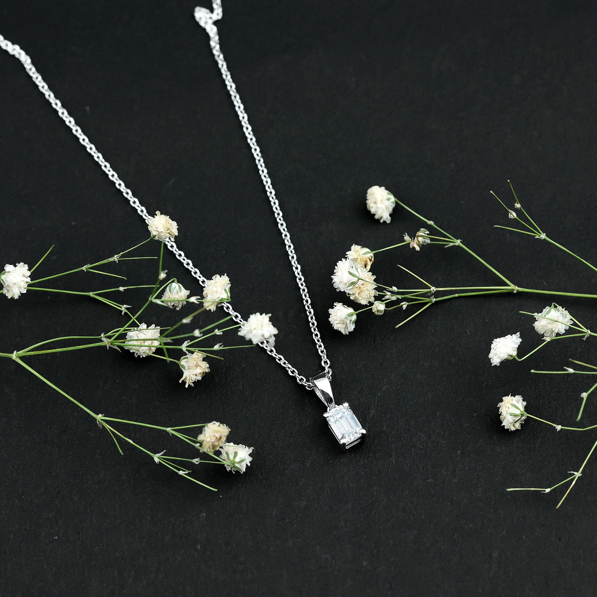 6X8mm Emerald Cut Cubic Zirconia Solitaire Necklace With Silver Chain AAAAA 92.5 Sterling Silver - Rosec Jewels