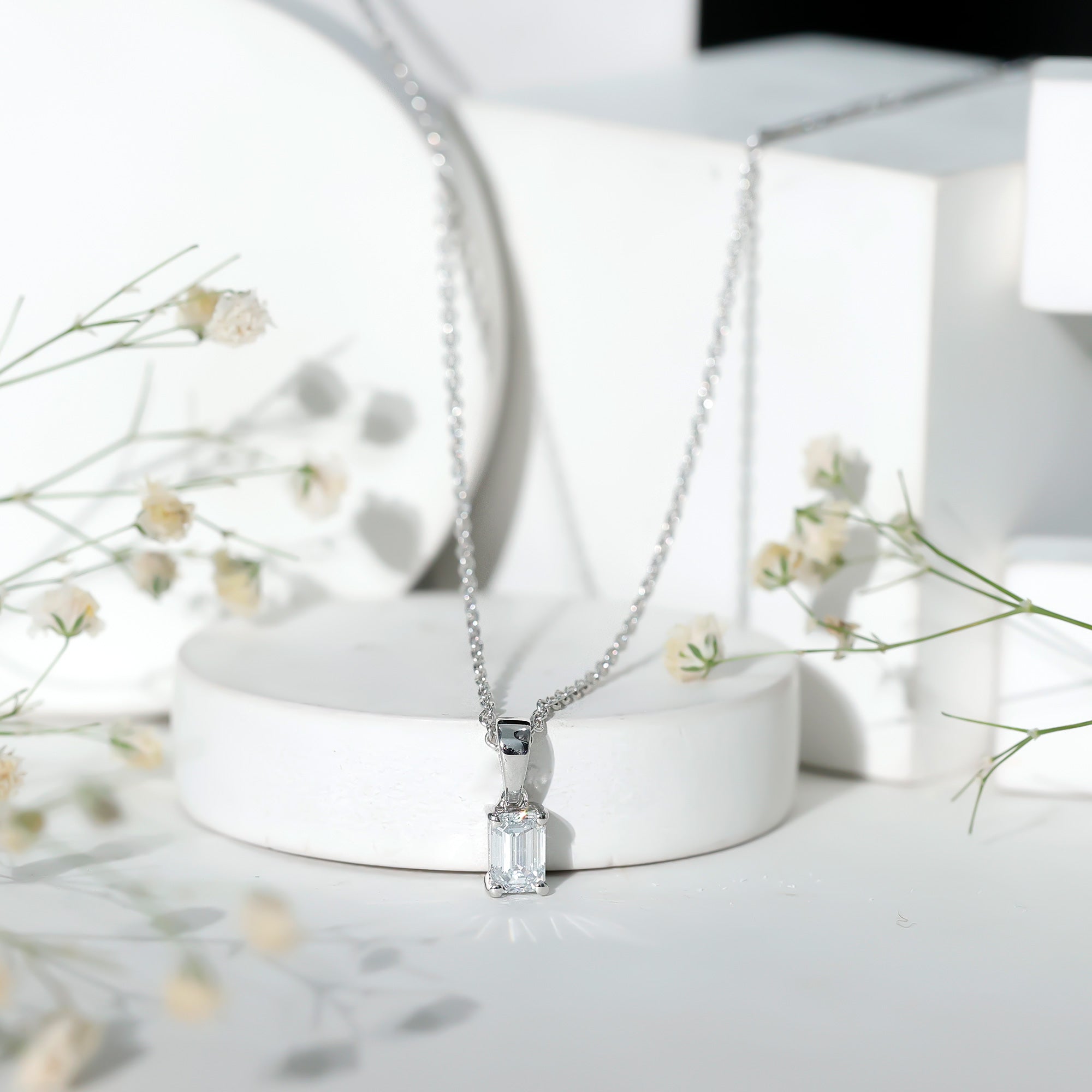 6X8mm Emerald Cut Cubic Zirconia Solitaire Necklace With Silver Chain AAAAA 92.5 Sterling Silver - Rosec Jewels